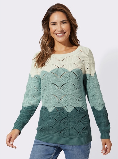 Ajourpullover mit Streifen-Dessin - jade-ecru-gemustert