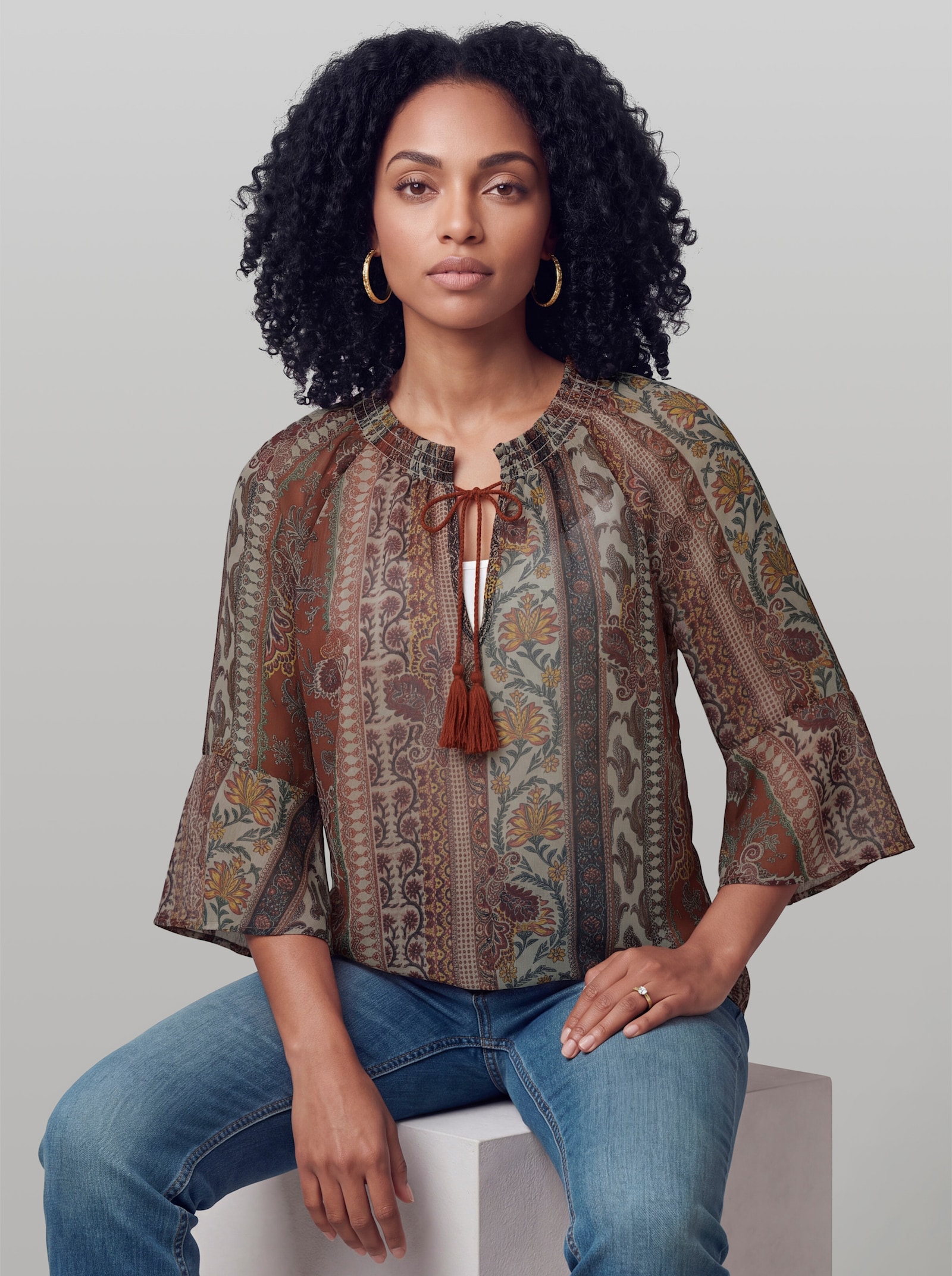 heine Chiffonbluse mit Volantärmel - sand-rostrot-bedruckt