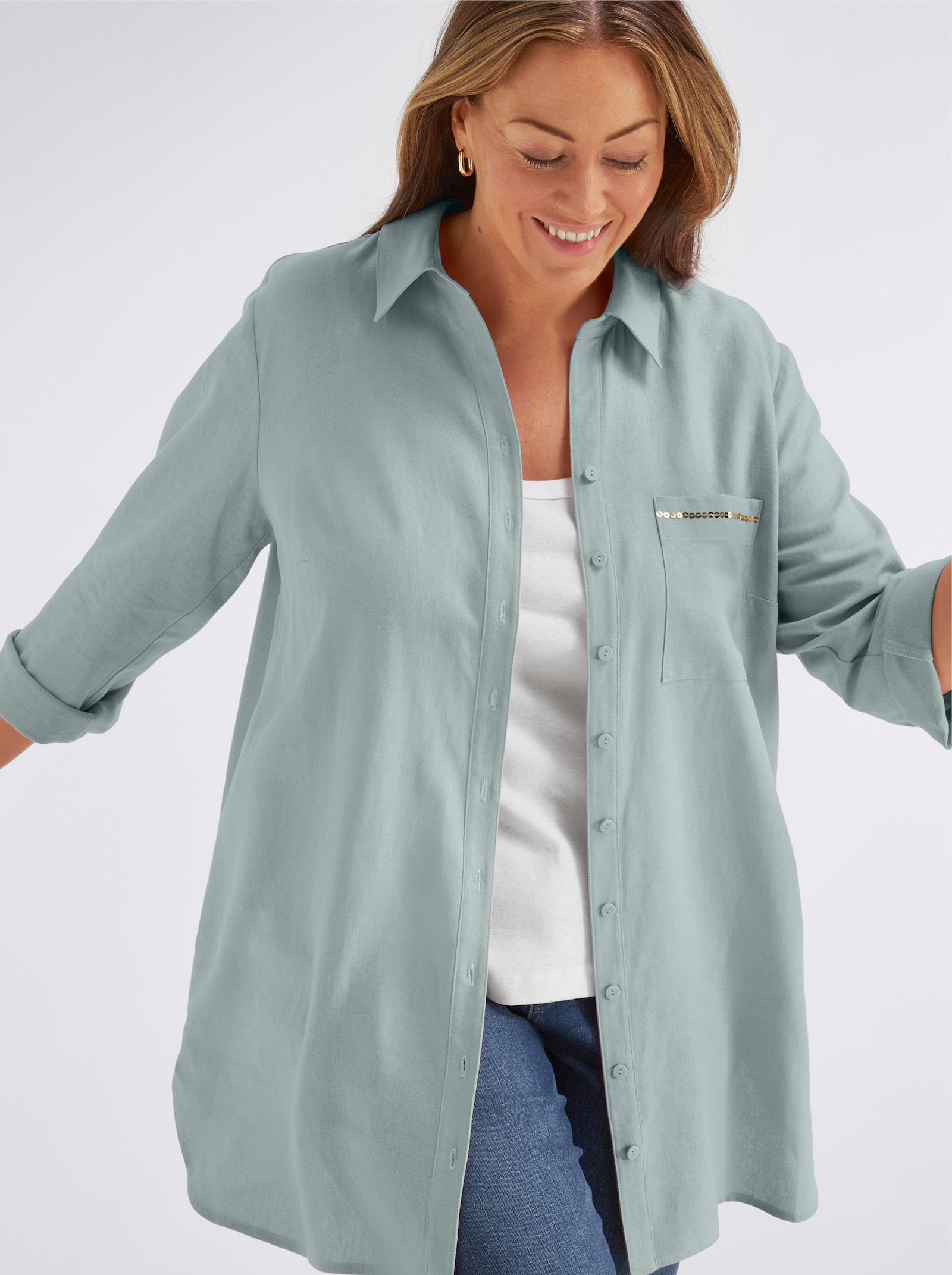 sheego Leinenbluse mit Pailletten an der Brusttasche - kalkmint