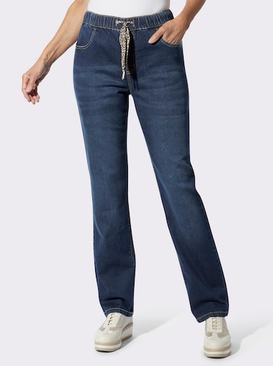 Schlupfjeans mit Bindeband im Leo-Dessin - blue-stone-washed
