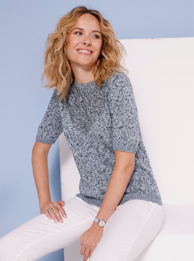 Kurzarmpullover - marine-ecru-meliert