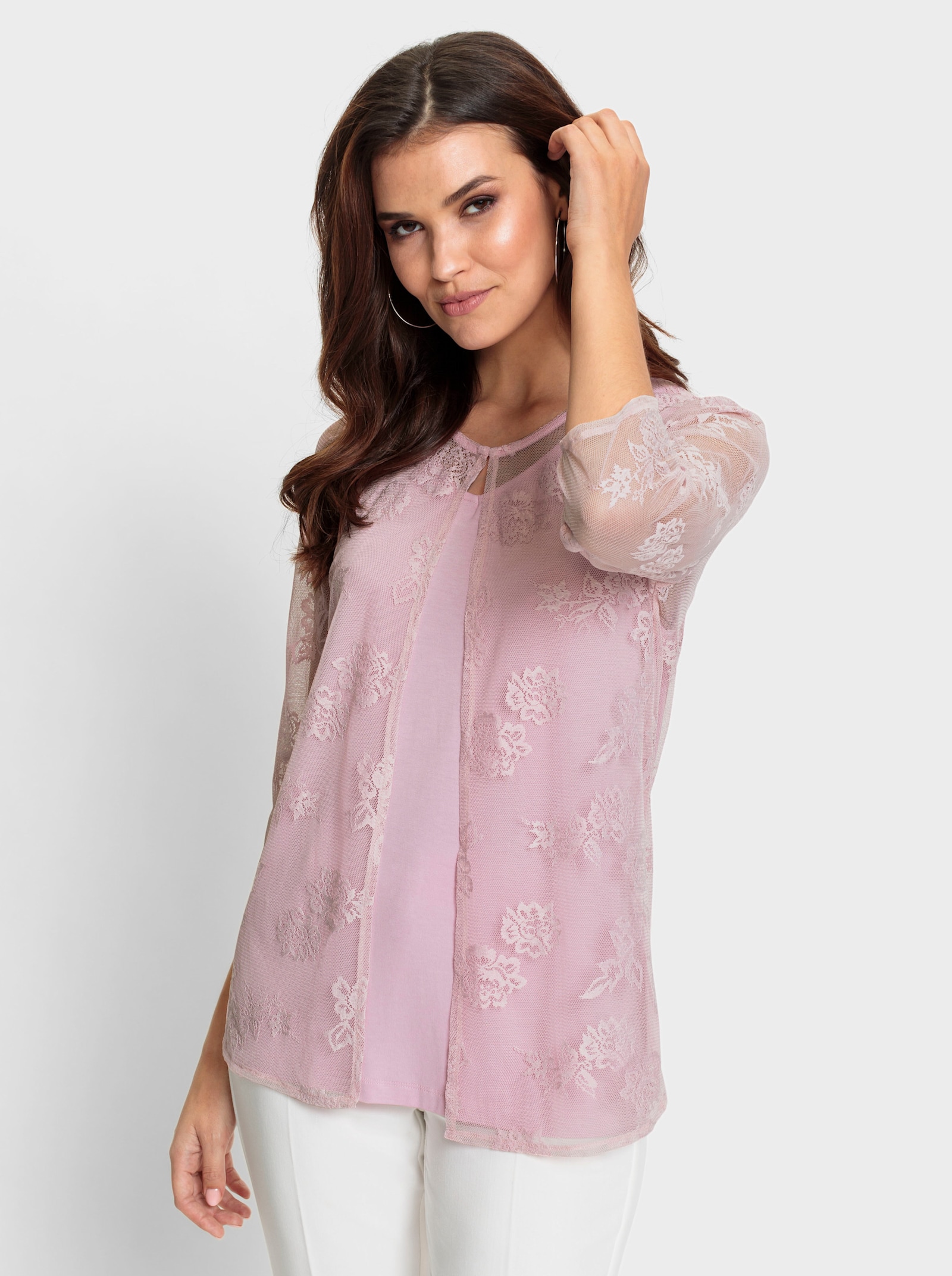 2-in-1-shirt met bloemenkant - roze