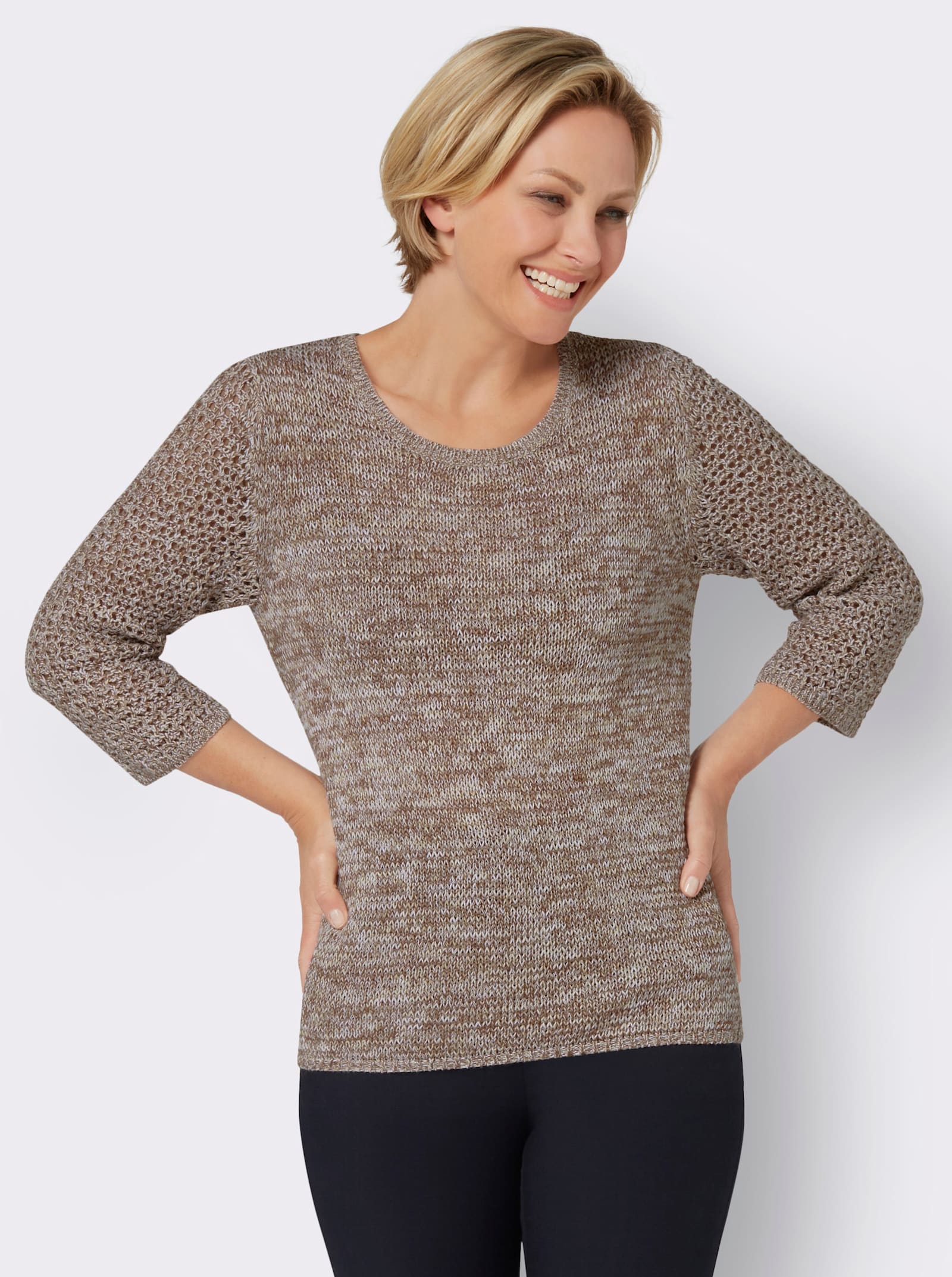 Rundhalspullover mit Ajour-Partien - braun-zitrone-meliert