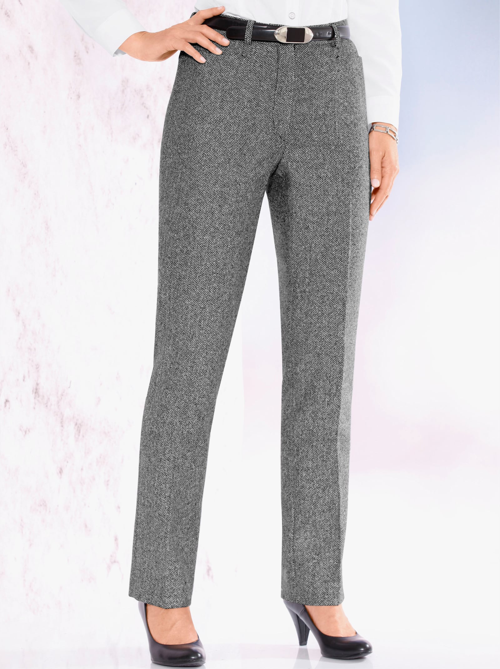 Come on Broek met persplooien en taillenaden - zwart/wit visgraat