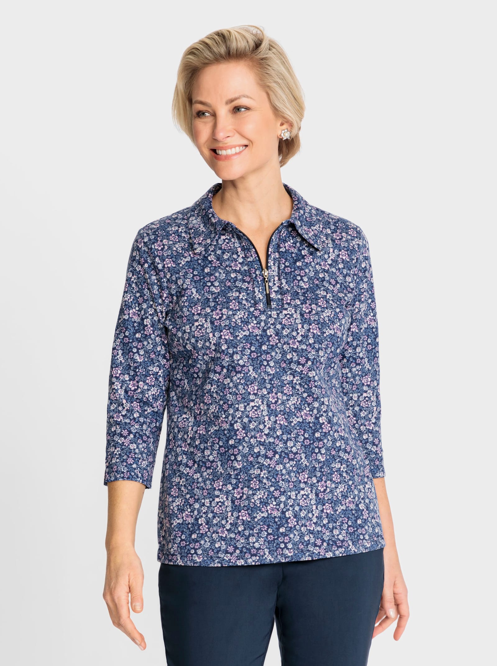 Poloshirt met bloemdessin - marine/hortensia bedrukt