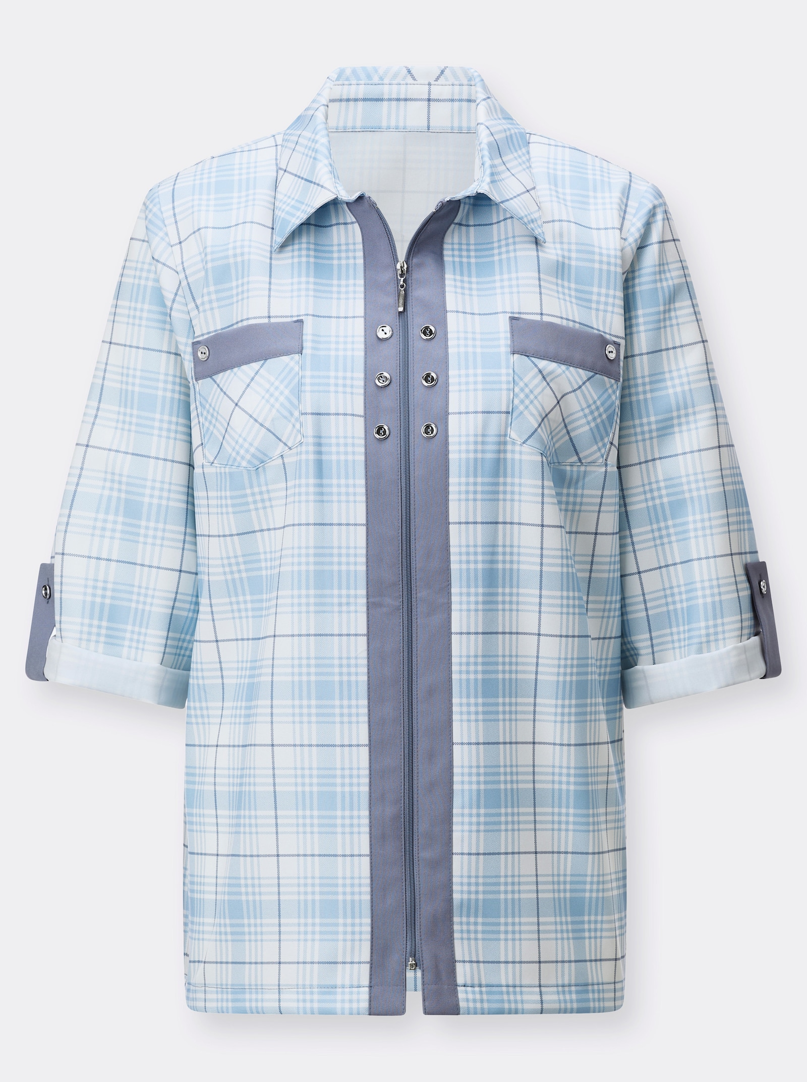 Blusenjacke mit kontrastfarbigen Blenden - eisblau-taubenblau-kariert