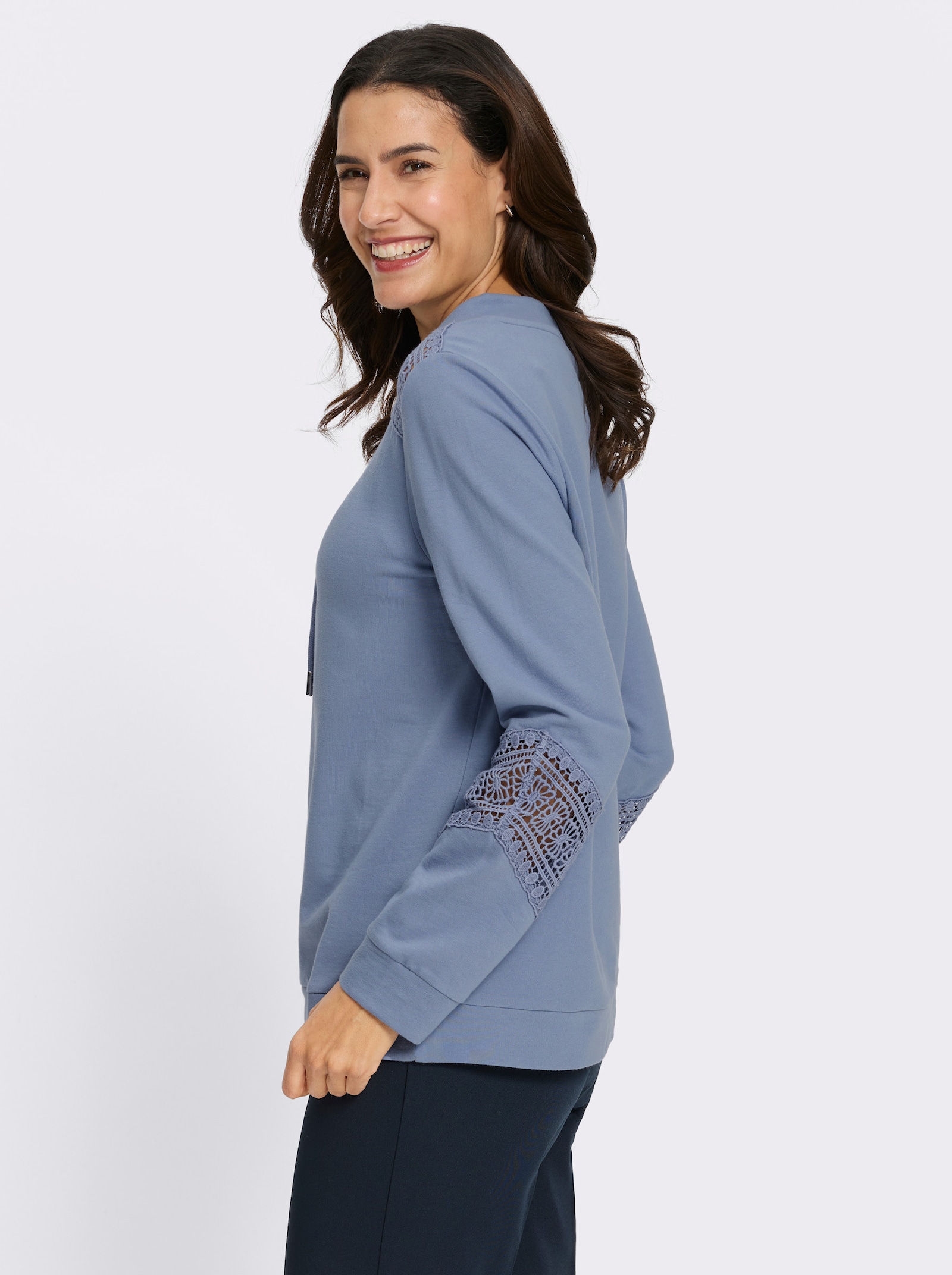 Sweatshirt mit Spitzeneinsatz - taubenblau