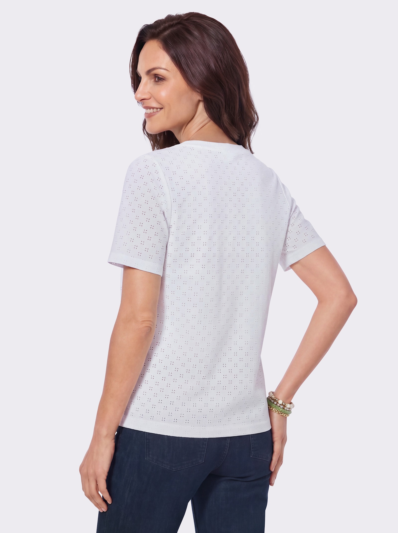 Rundhalsshirt mit Loch-Stickerei - weiß