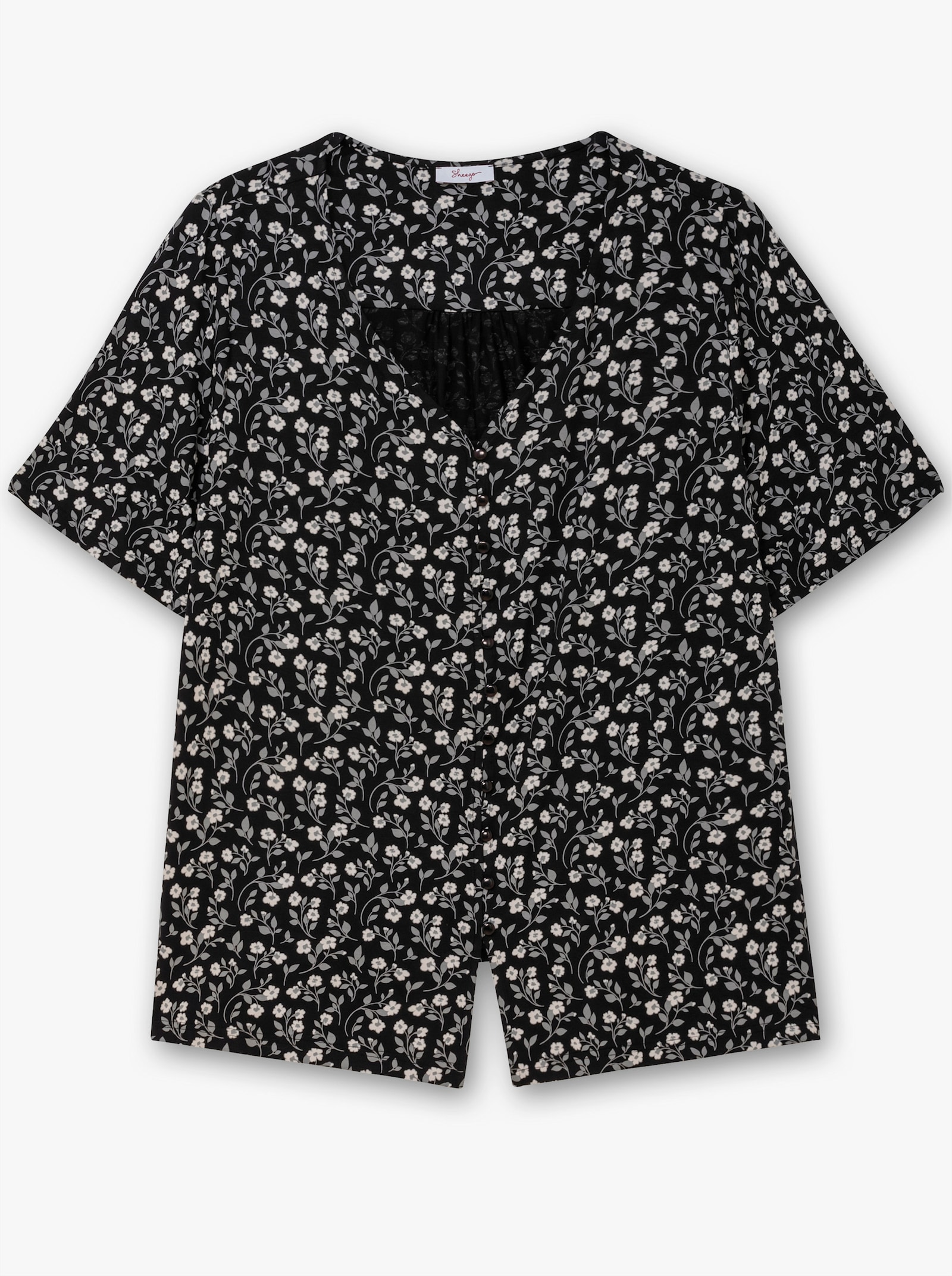 sheego Shirt mit Blümchenprint und Knopfleiste - schwarz-gemustert