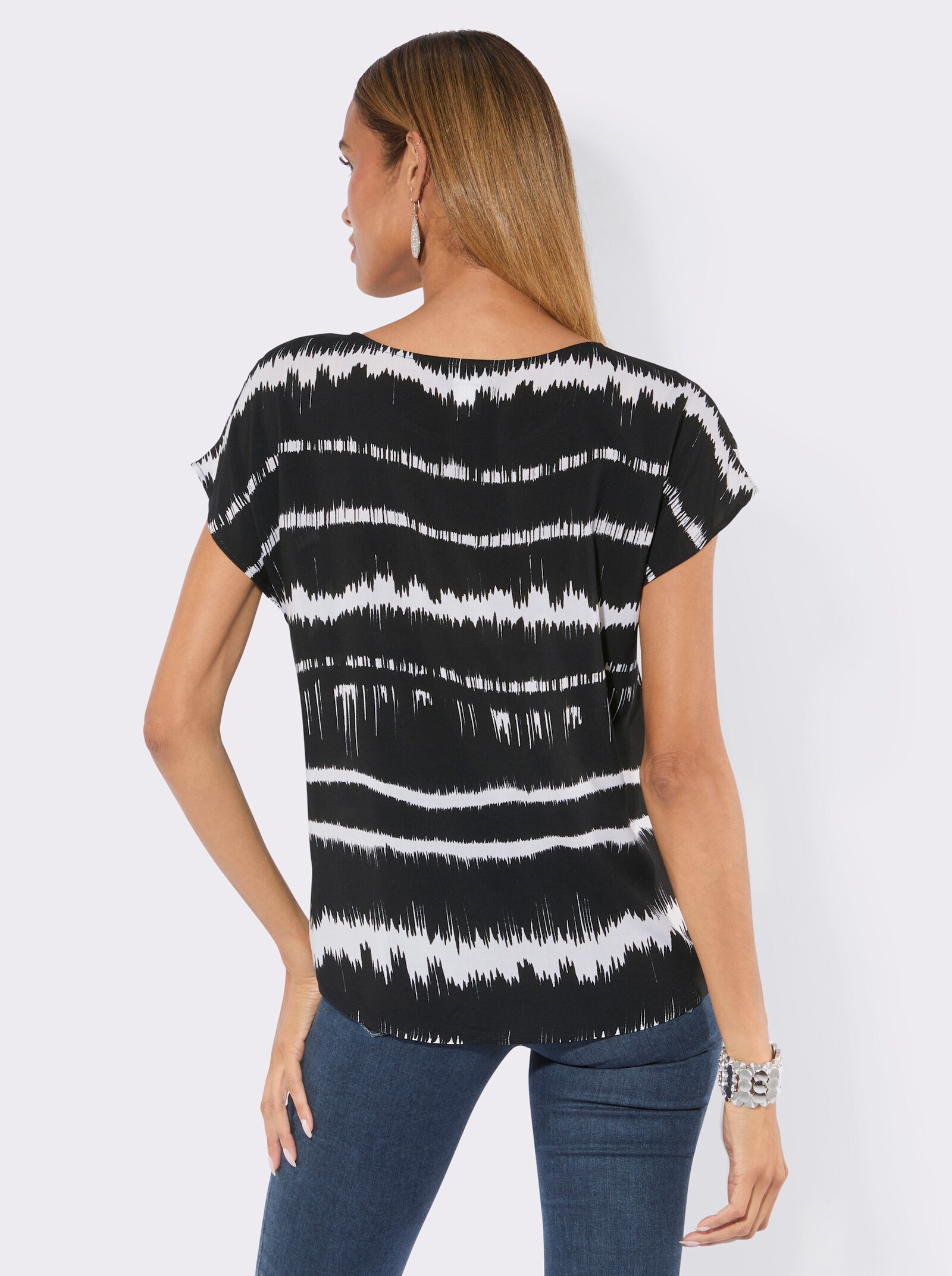 Druckbluse mit Rundhals-Ausschnitt - schwarz-weiß-bedruckt