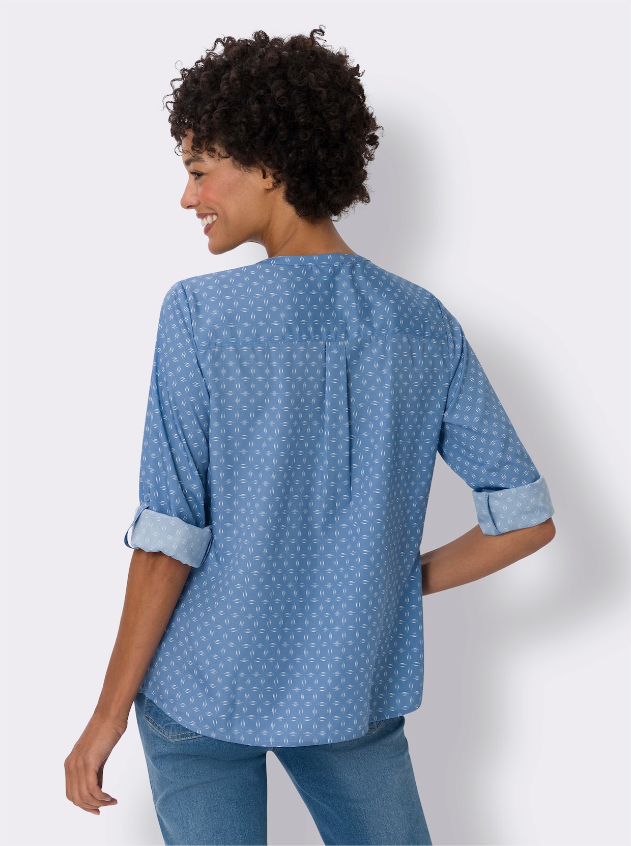 Comfortabele blouse - middenblauw/wit gedessineerd