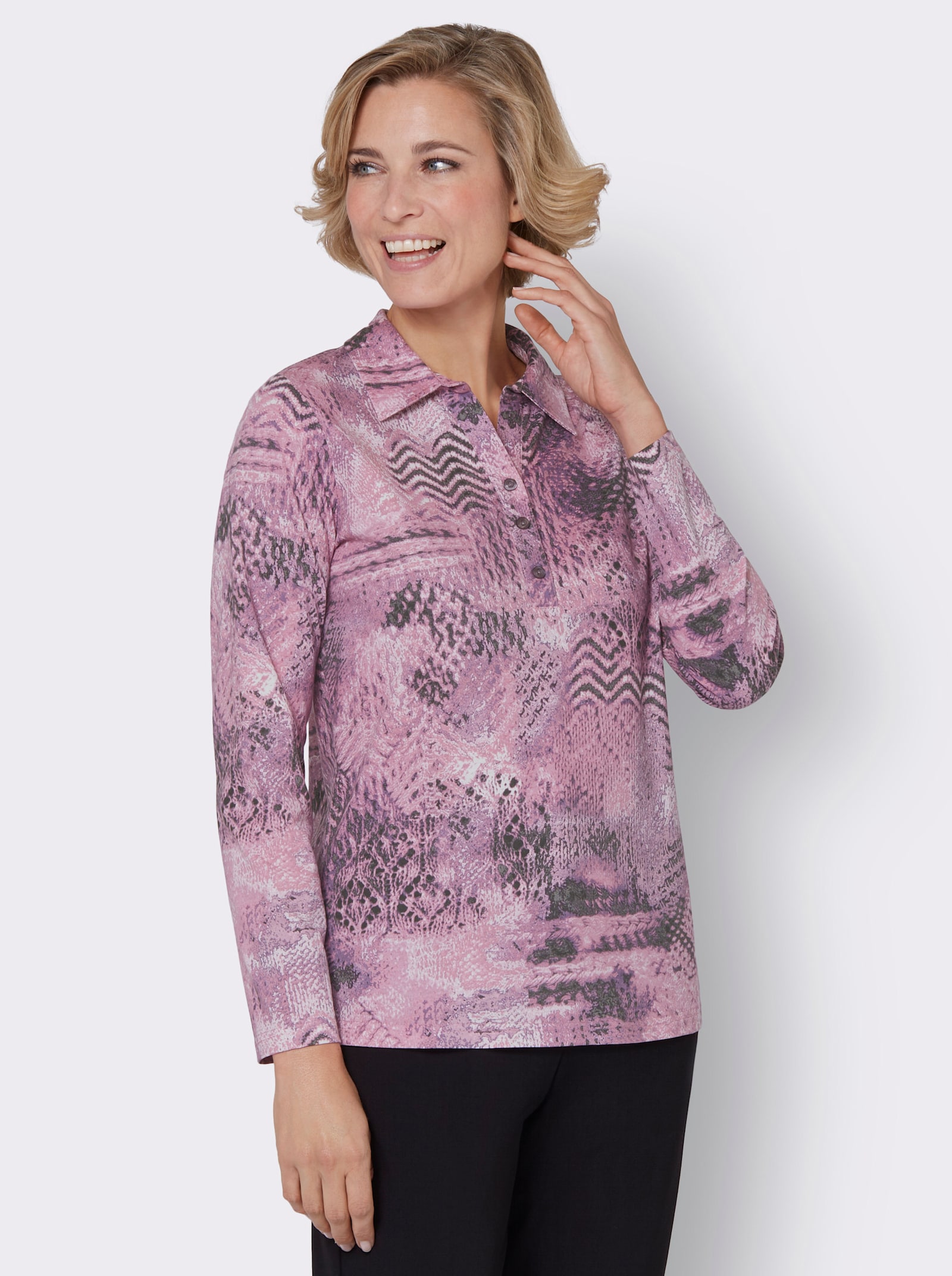 Poloshirt in Strick-Optik - mauve-grau-bedruckt