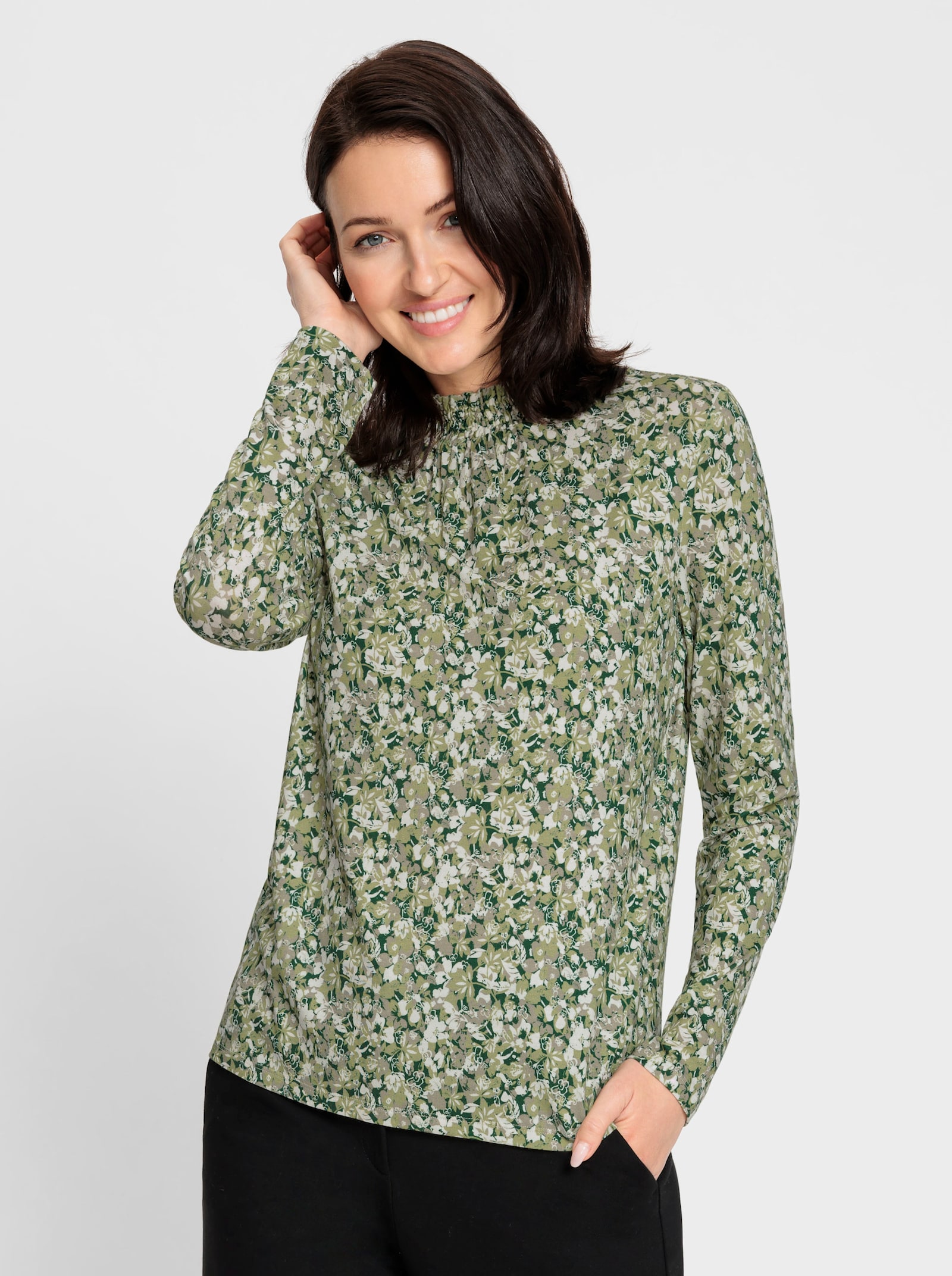 Stehkragenshirt mit gesmoktem Kragen - ecru-schilf-bedruckt