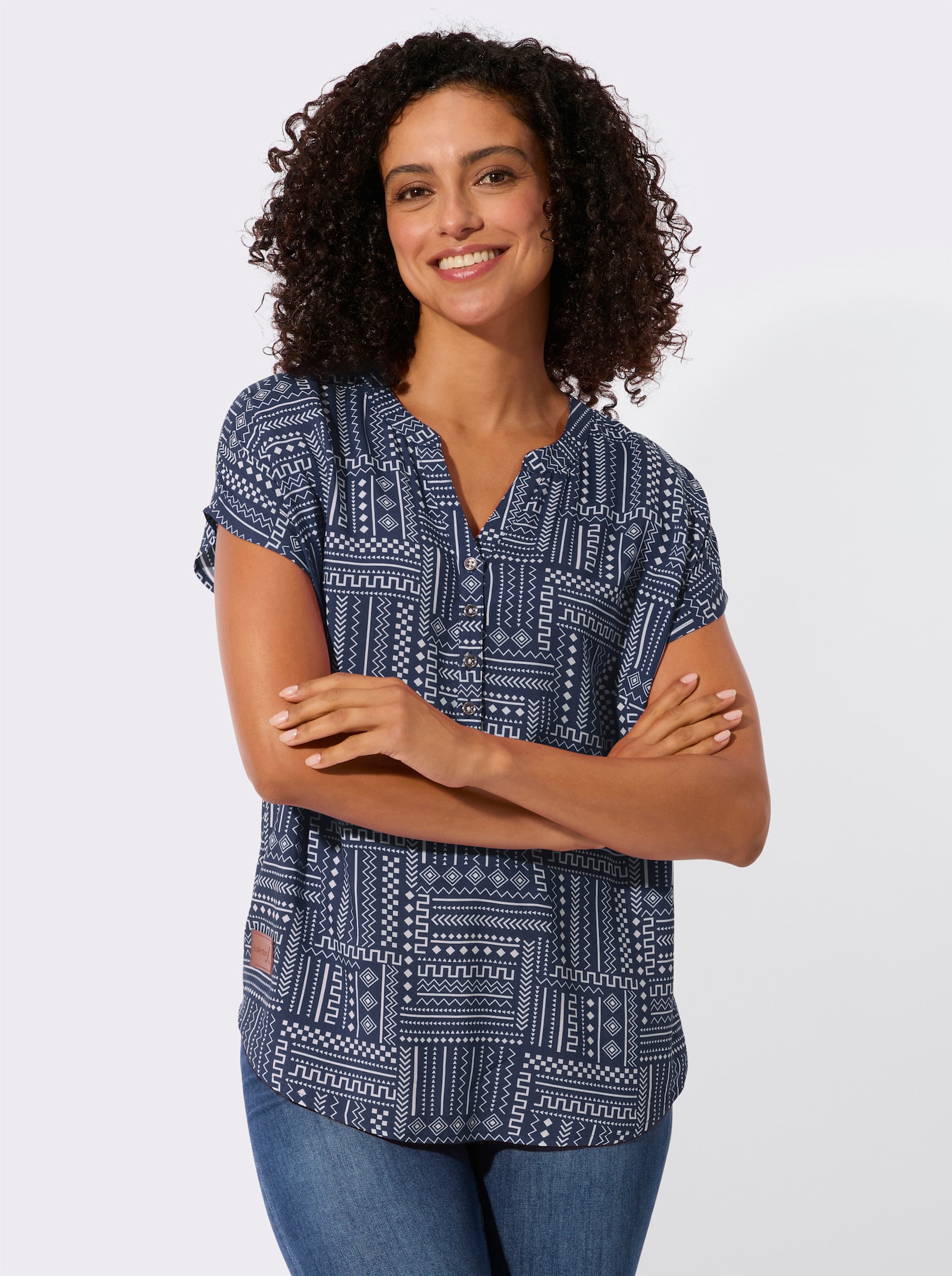 Druckbluse aus reiner Viskose - marine-ecru-gemustert