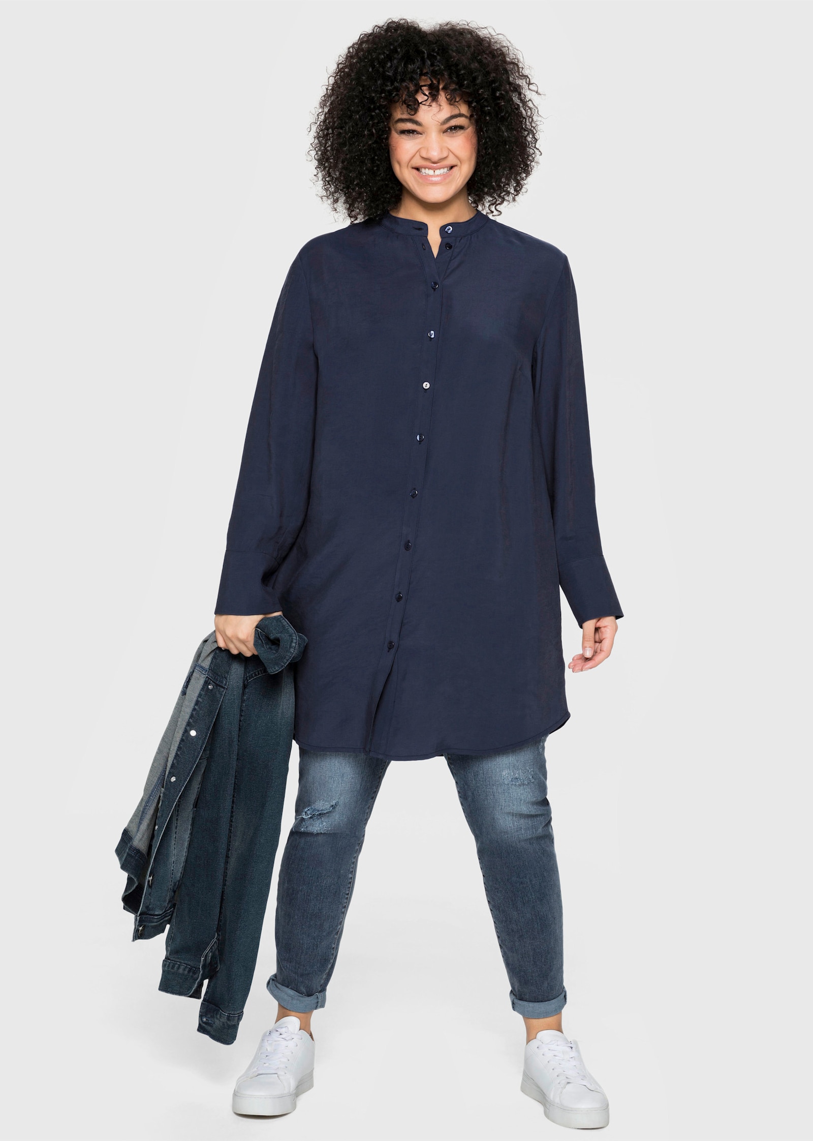 sheego Longbluse mit Raffungen - marine