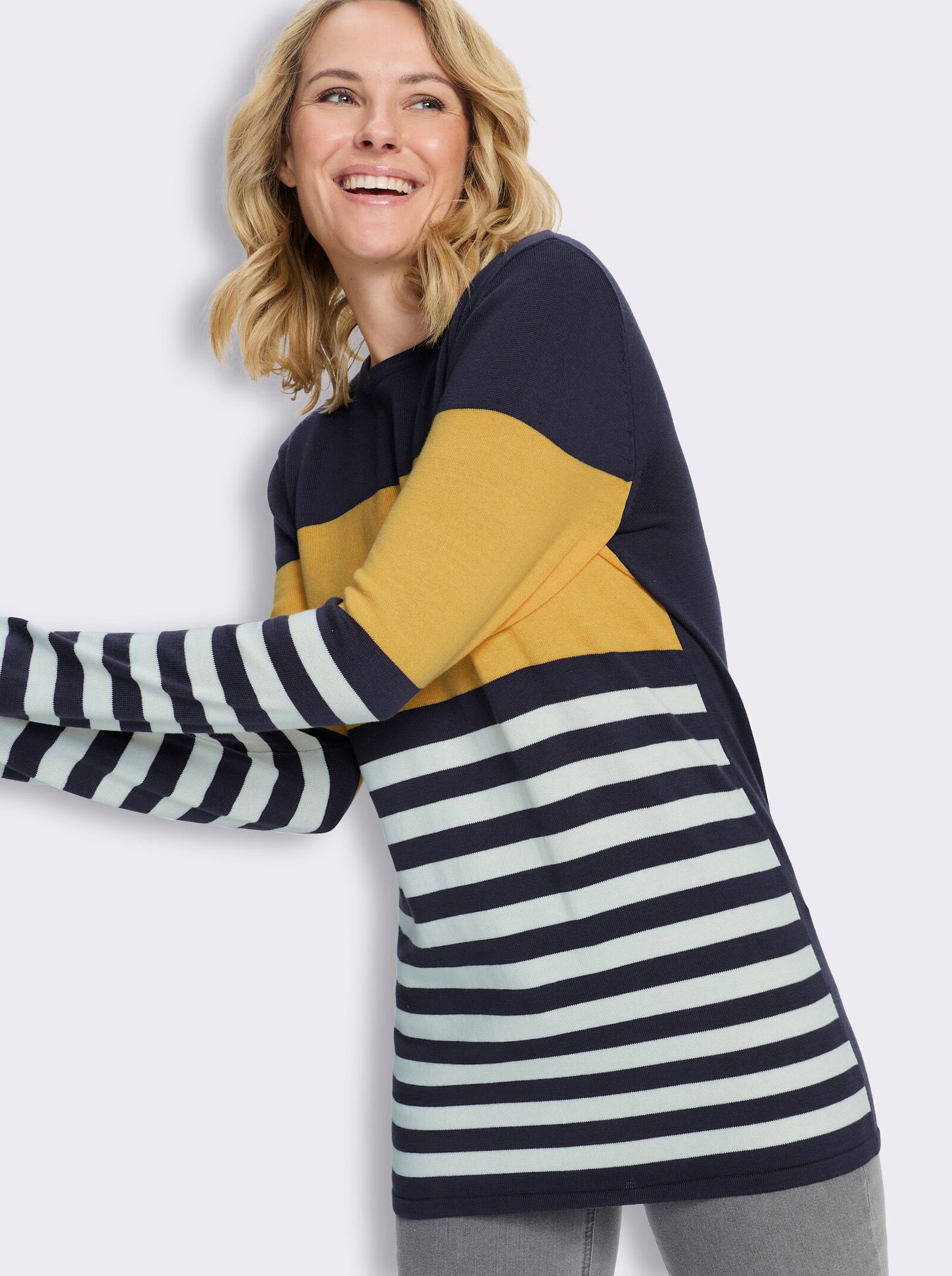 Longpullover mit Streifen-Muster vorne - gelb-marine-geringelt