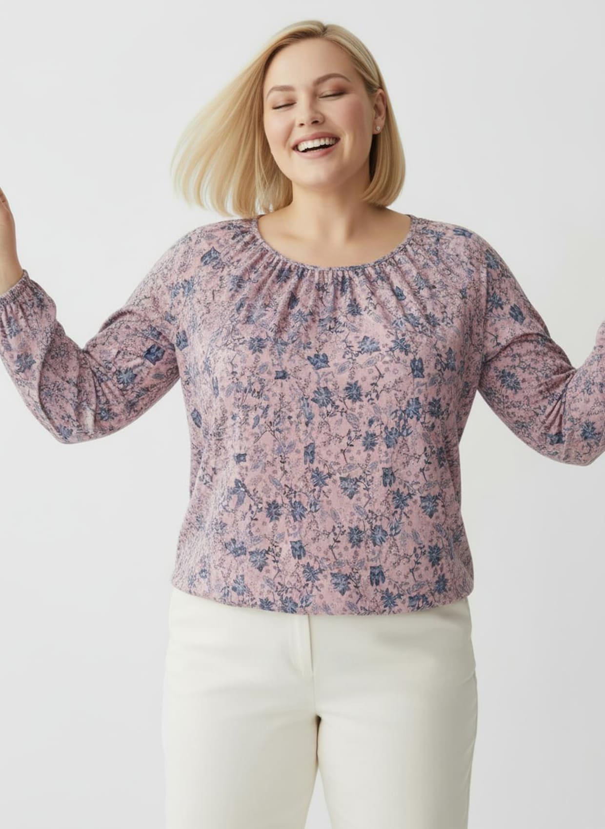 Schlupfbluse in Blüten-Dessin - rosenquarz-marine-bedruckt