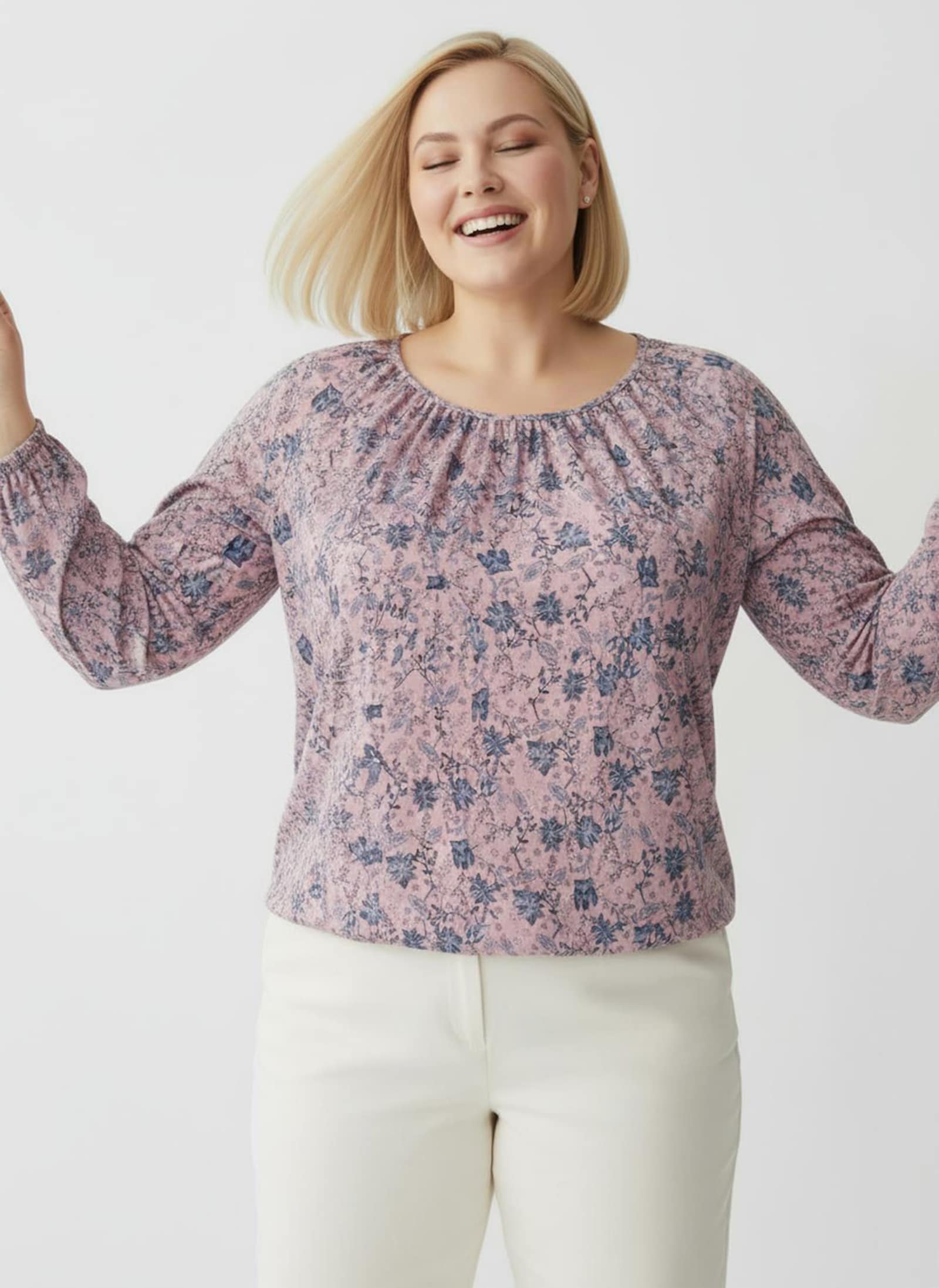 Schlupfbluse in Blüten-Dessin - rosenquarz-marine-bedruckt