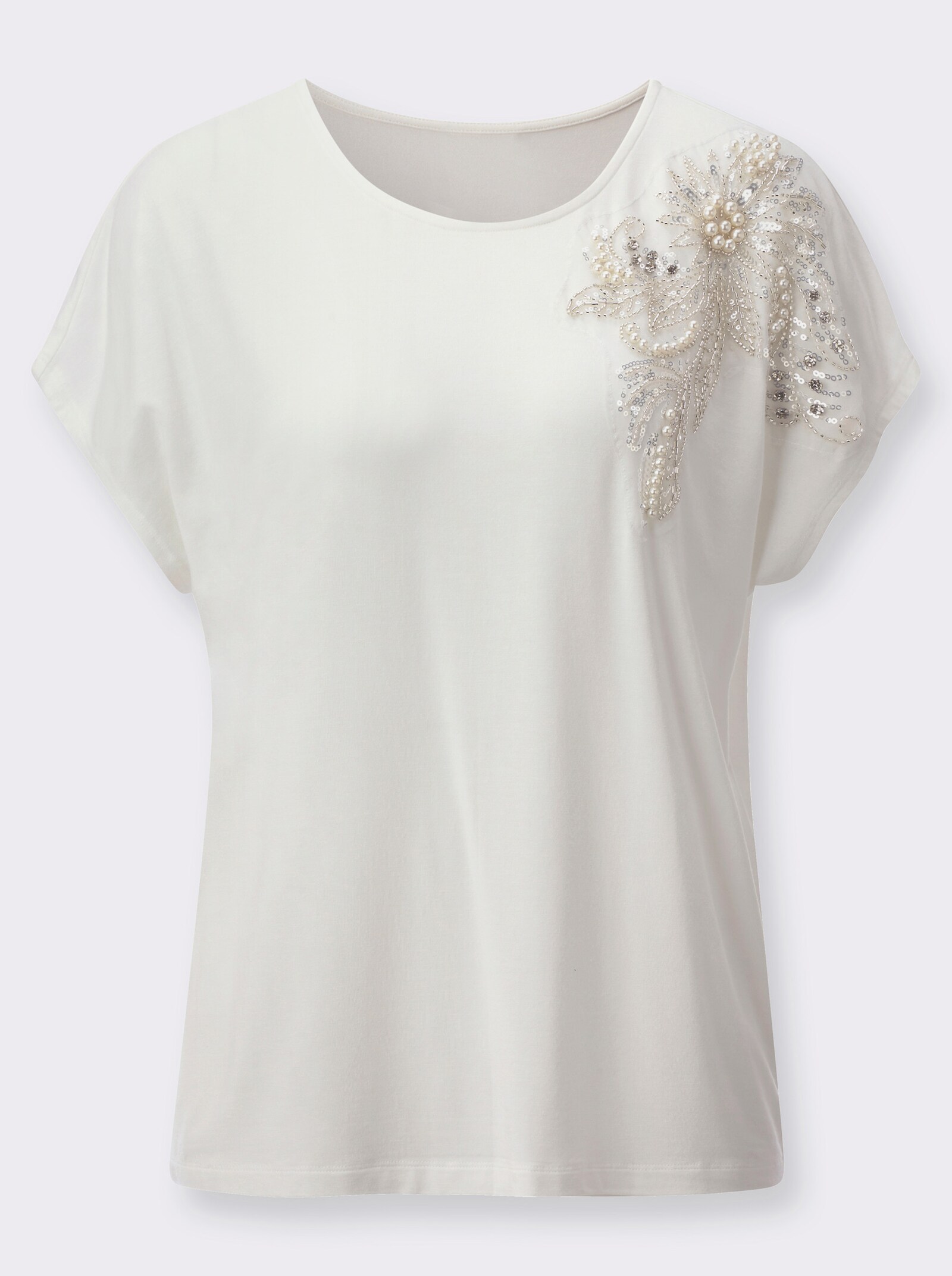 Rundhalsshirt mit Zierperlen und Pailletten - ecru