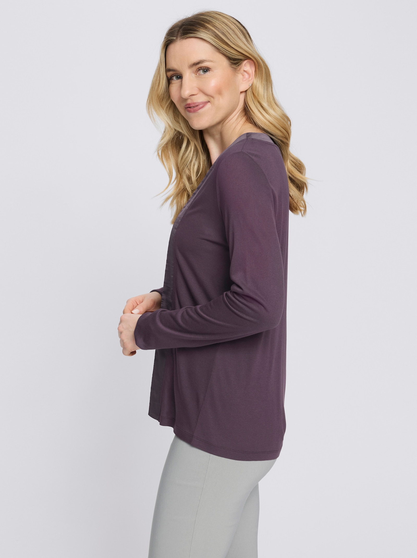 2-in-1-Shirt mit Satin-Besatz - aubergine