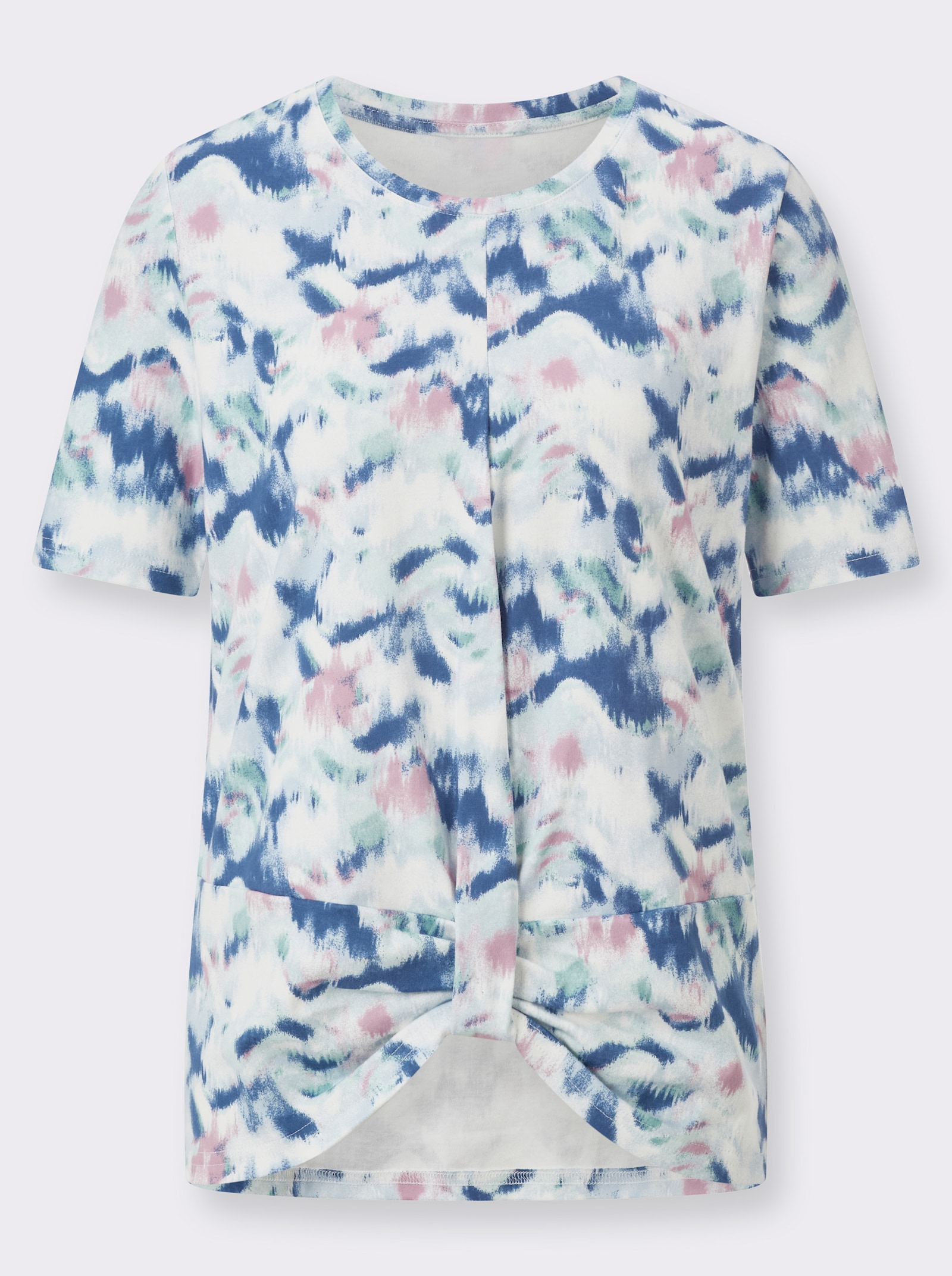 Shirt met korte mouwen en rimpeling op de zoom - ecru/jeansblauw bedrukt