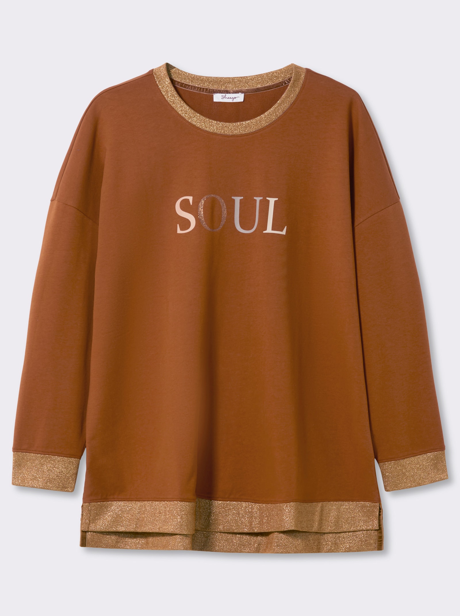 sheego Sweatshirt mit Glitzer-Details - cognac