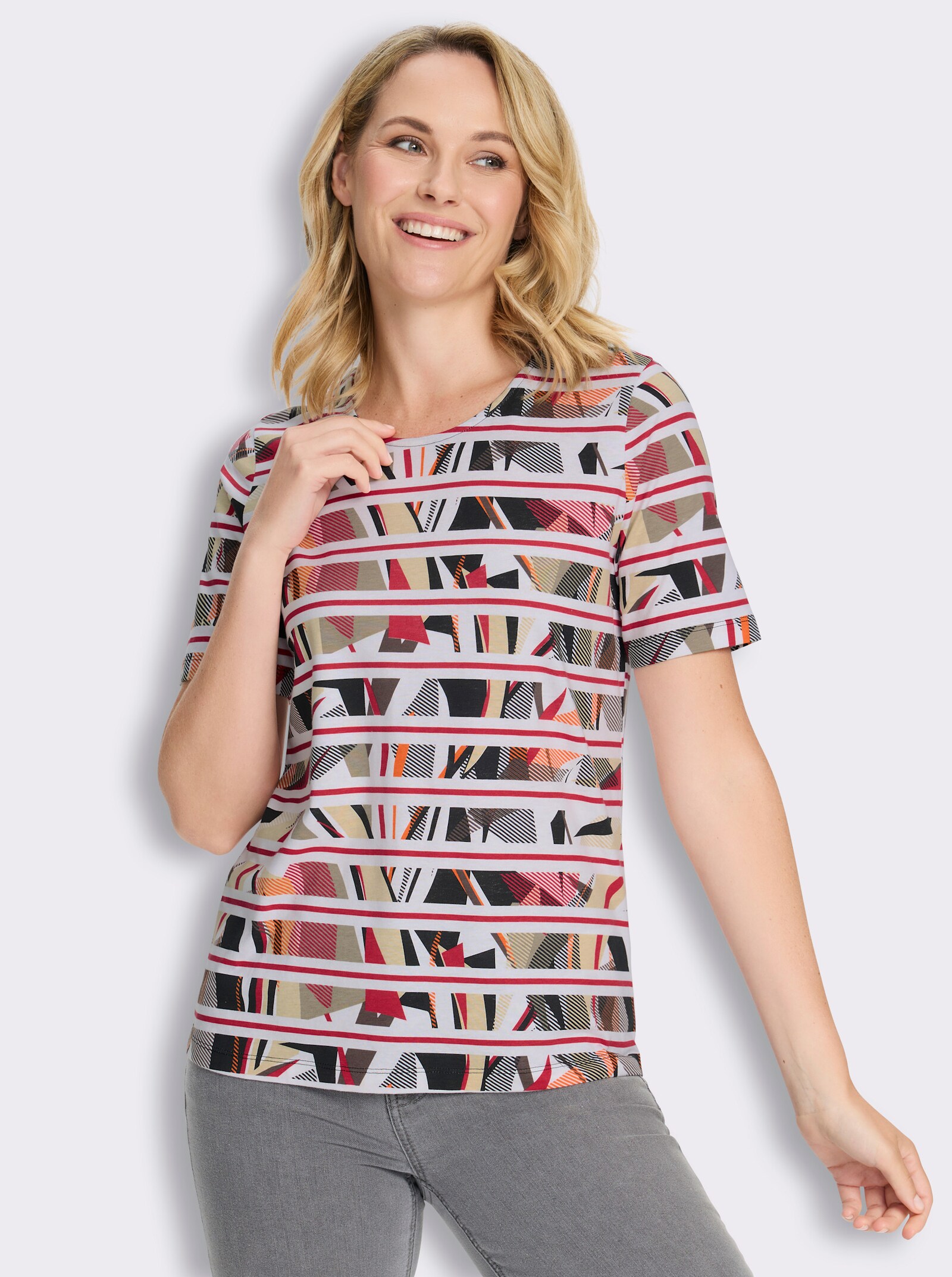 Kurzarmshirt mit Streifen- und Grafikmuster - erdbeere-taupe-bedruckt