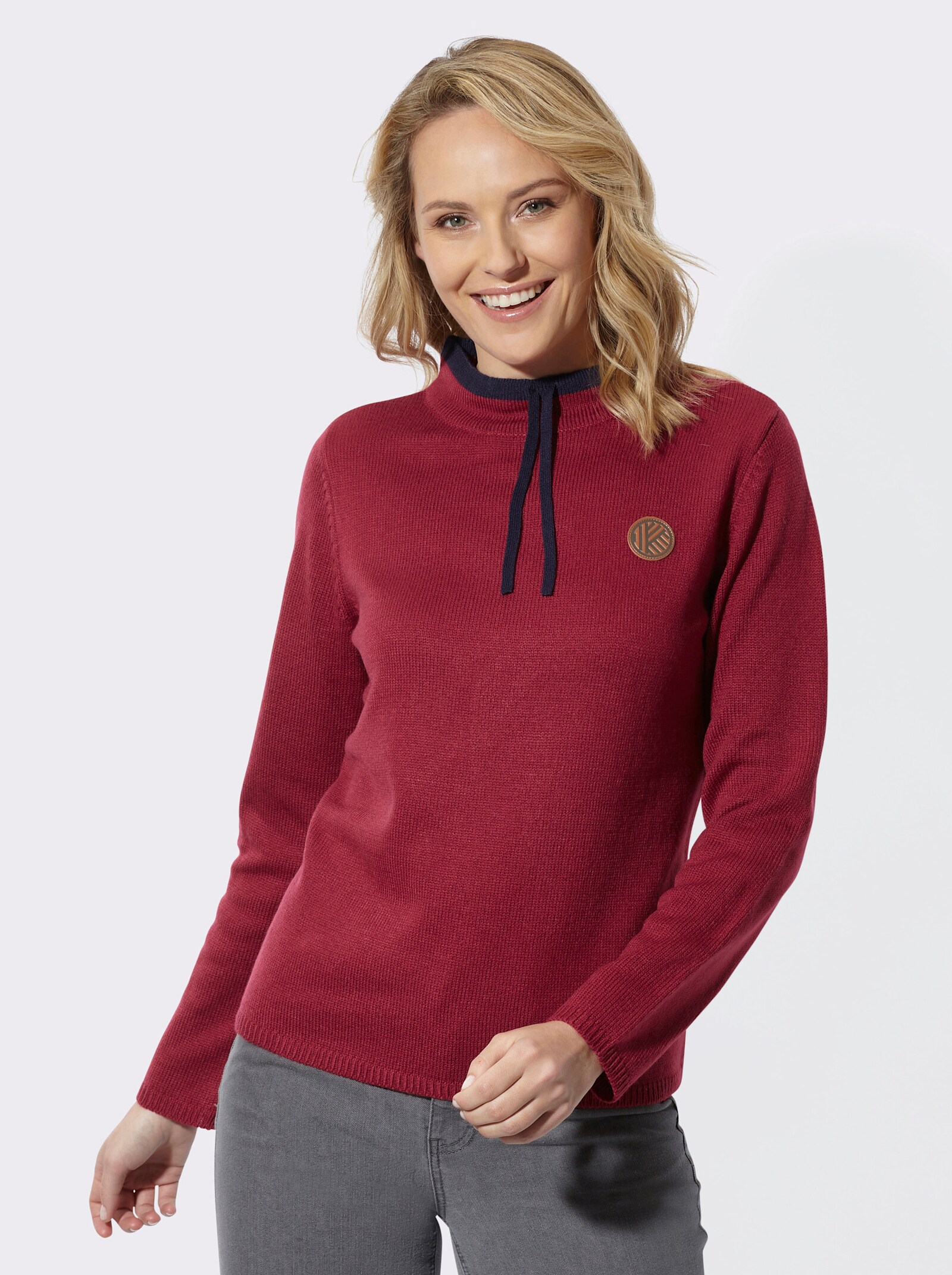 Stehkragenpullover mit Kontrast-Akzenten - kirsche-marine