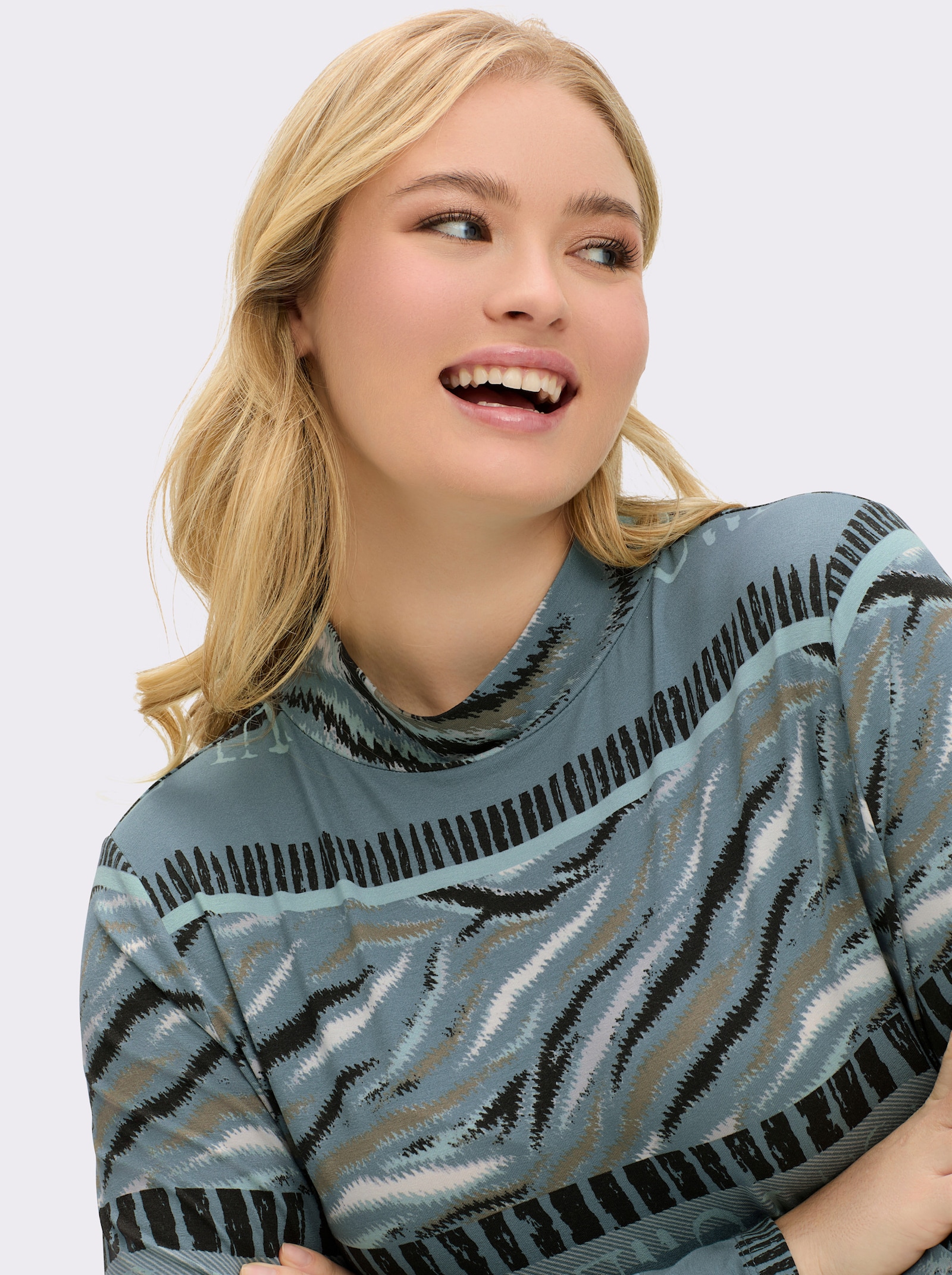 Stehkragenshirt im Grafik-Dessin - jade-graphit-bedruckt