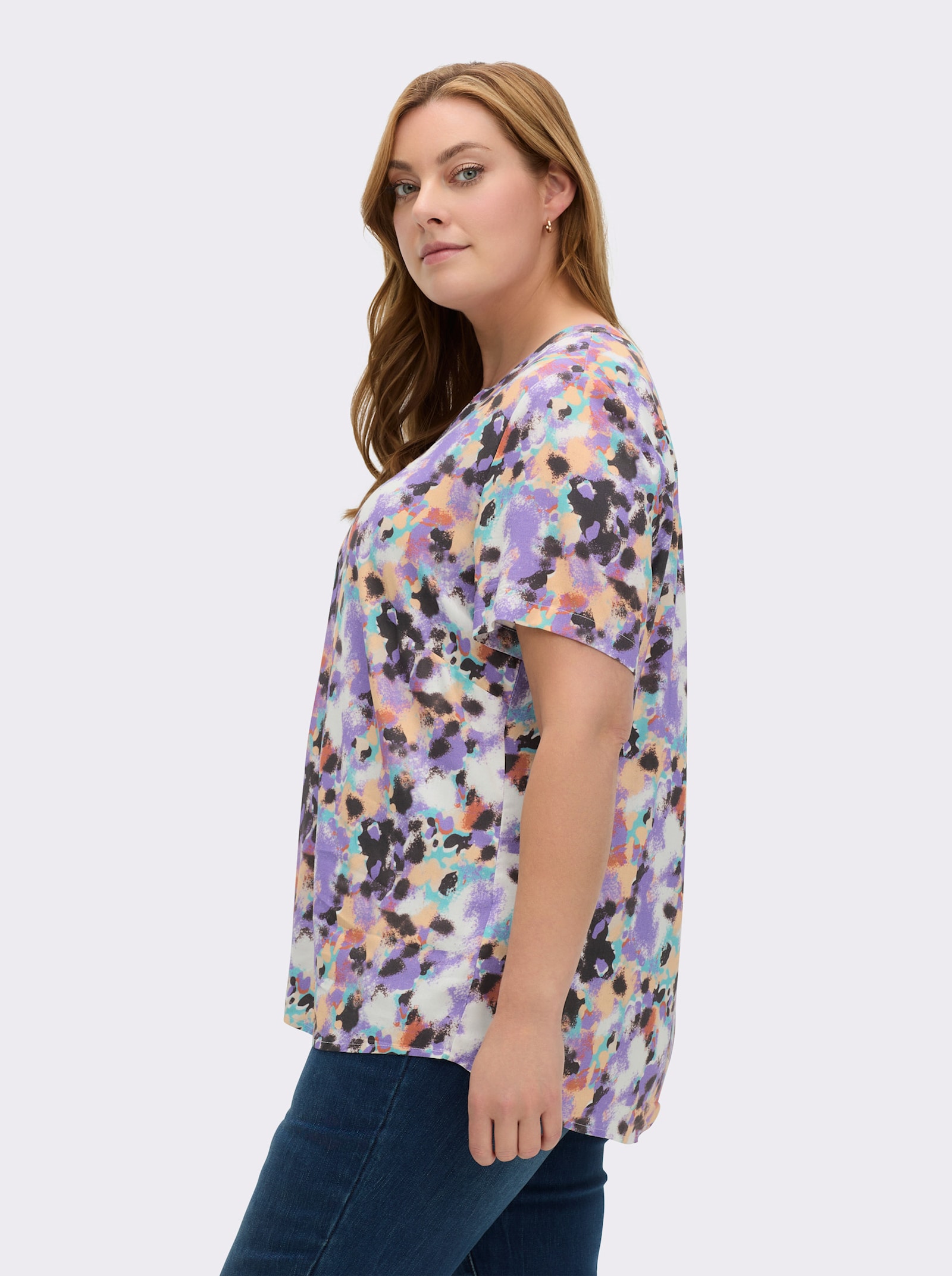 Druckbluse in gewebter Qualität - apricot-lavendel-bedruckt