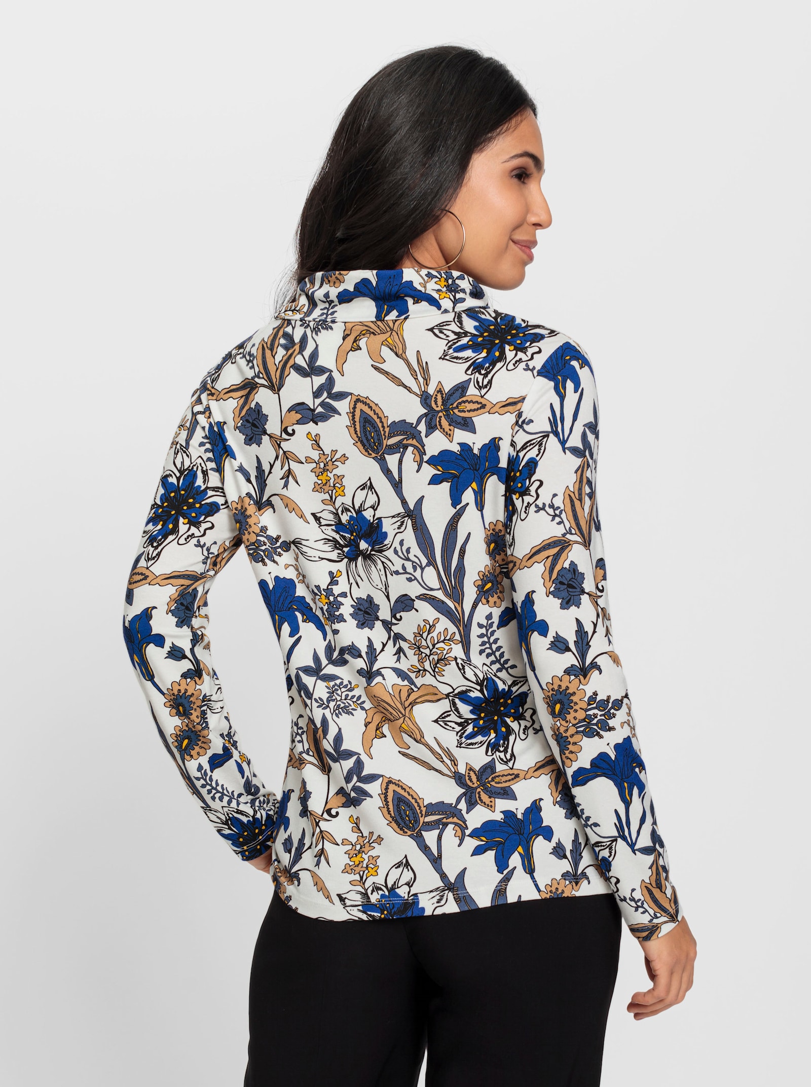 Print-Shirt mit halsfernem Rollkragen - ecru-royalblau-bedruckt