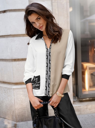 Langarm-Bluse - weiß-beige