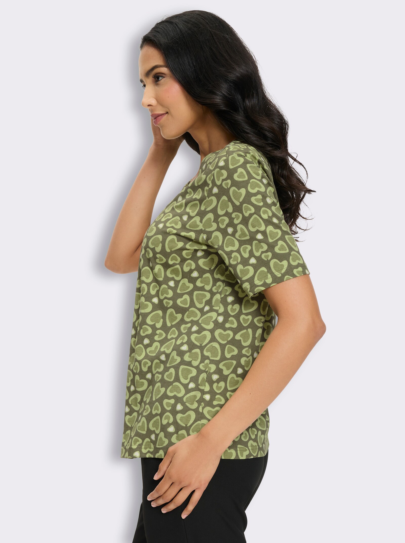 Rundhalsshirt mit Falten am Ausschnitt - khaki-pistazie-bedruckt