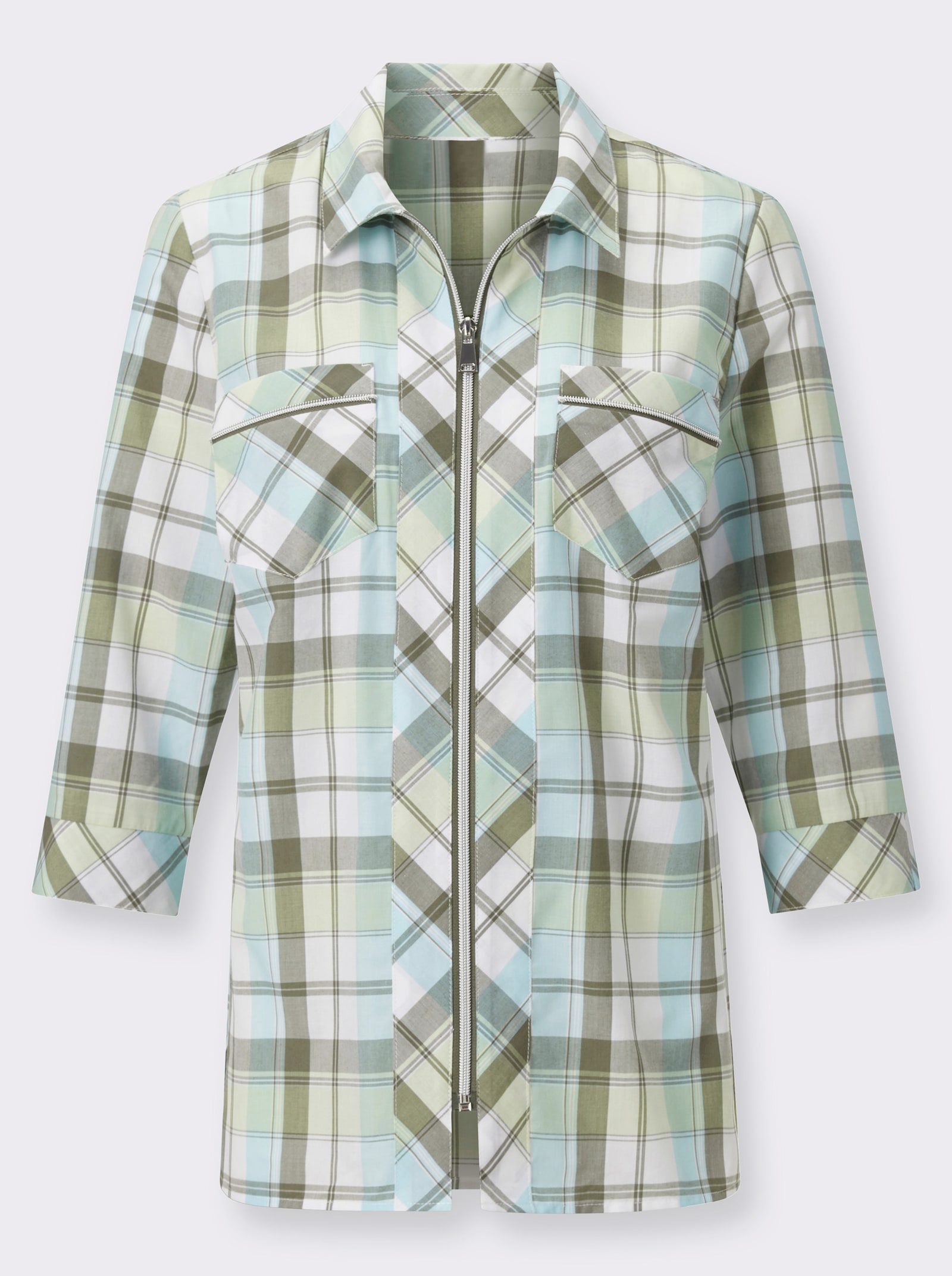 Overhemdblouse met ritssluiting - aquamarine/kaki geruit