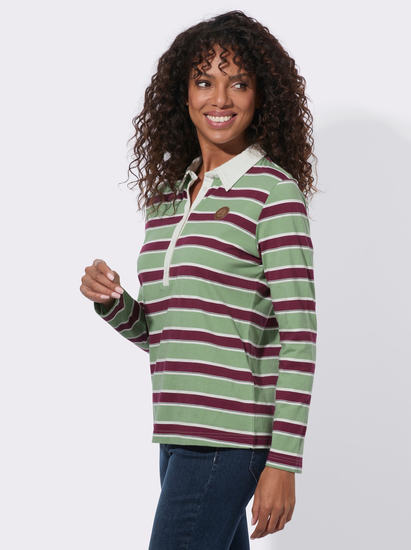  Langarm-Poloshirt mit garngefärbten Ringeln - eucalyptus-bordeaux-geringelt