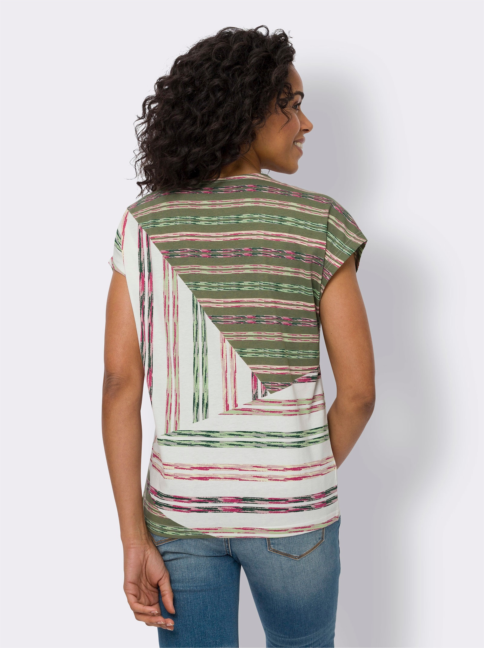 Rundhalsshirt mit mehrfarbigem Streifen-Print - ecru-khaki-bedruckt