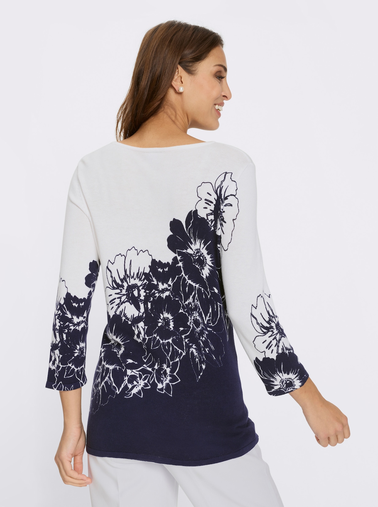 3/4 Arm-Pullover - weiß-marine-bedruckt