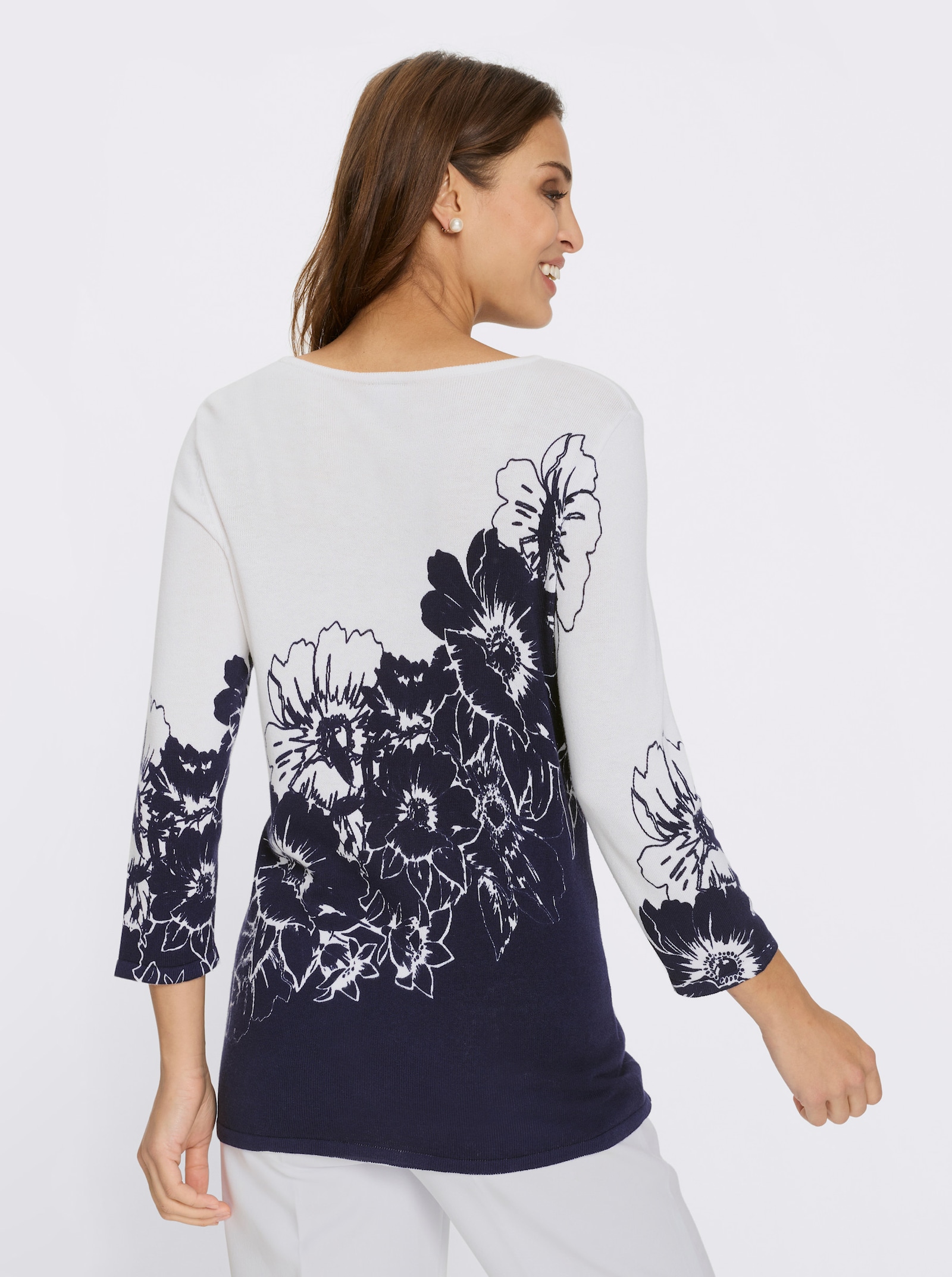 3/4 Arm-Pullover mit floralem Allover-Print - weiß-marine-bedruckt