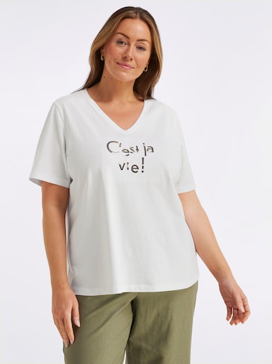 sheego V-Shirt mit Wordingprint und Pailletten - ecru