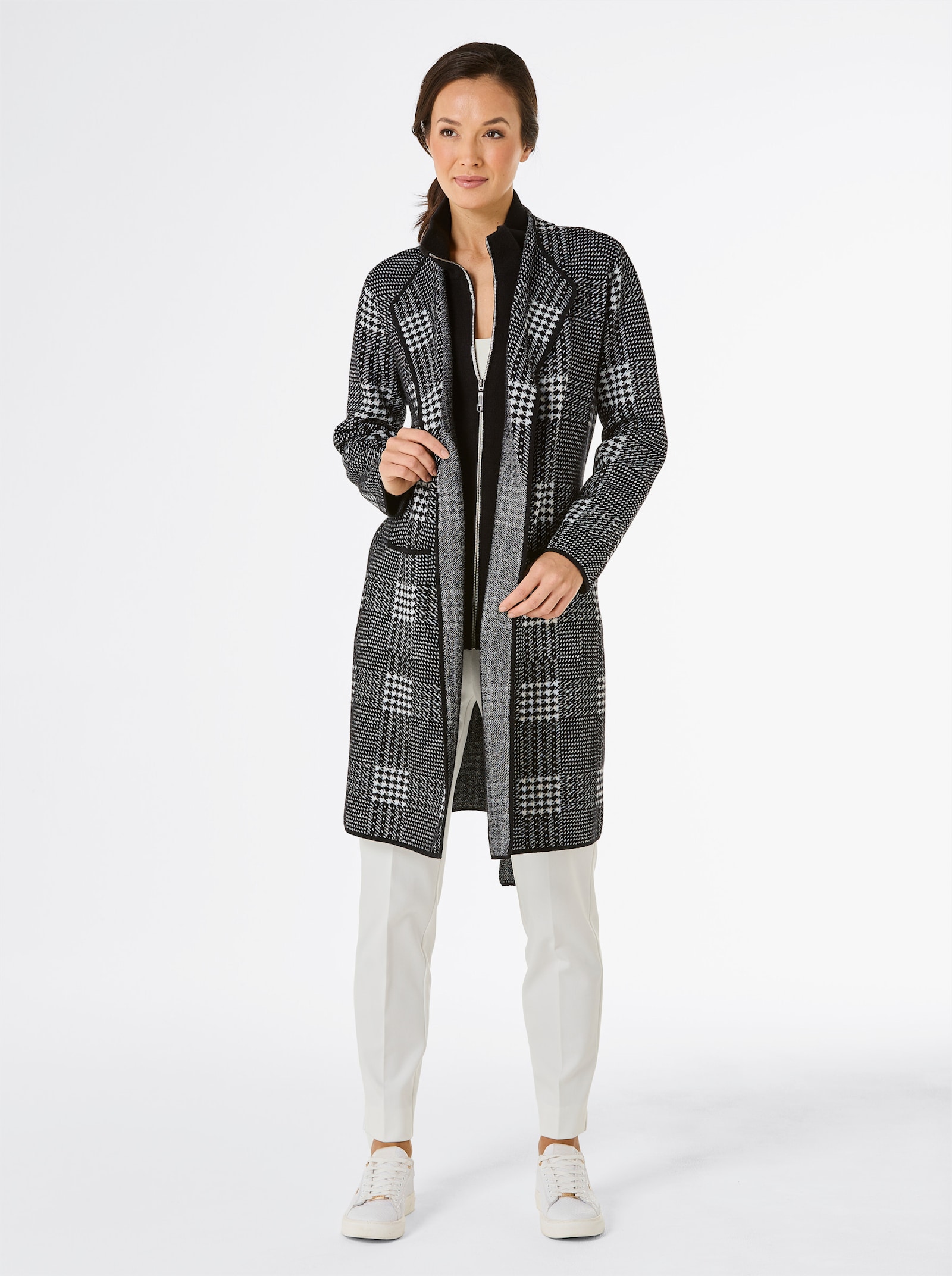 CREATION L PREMIUM Jacquardstrickjacke in 2-in-1-Style - schwarz-ecru-gemustert