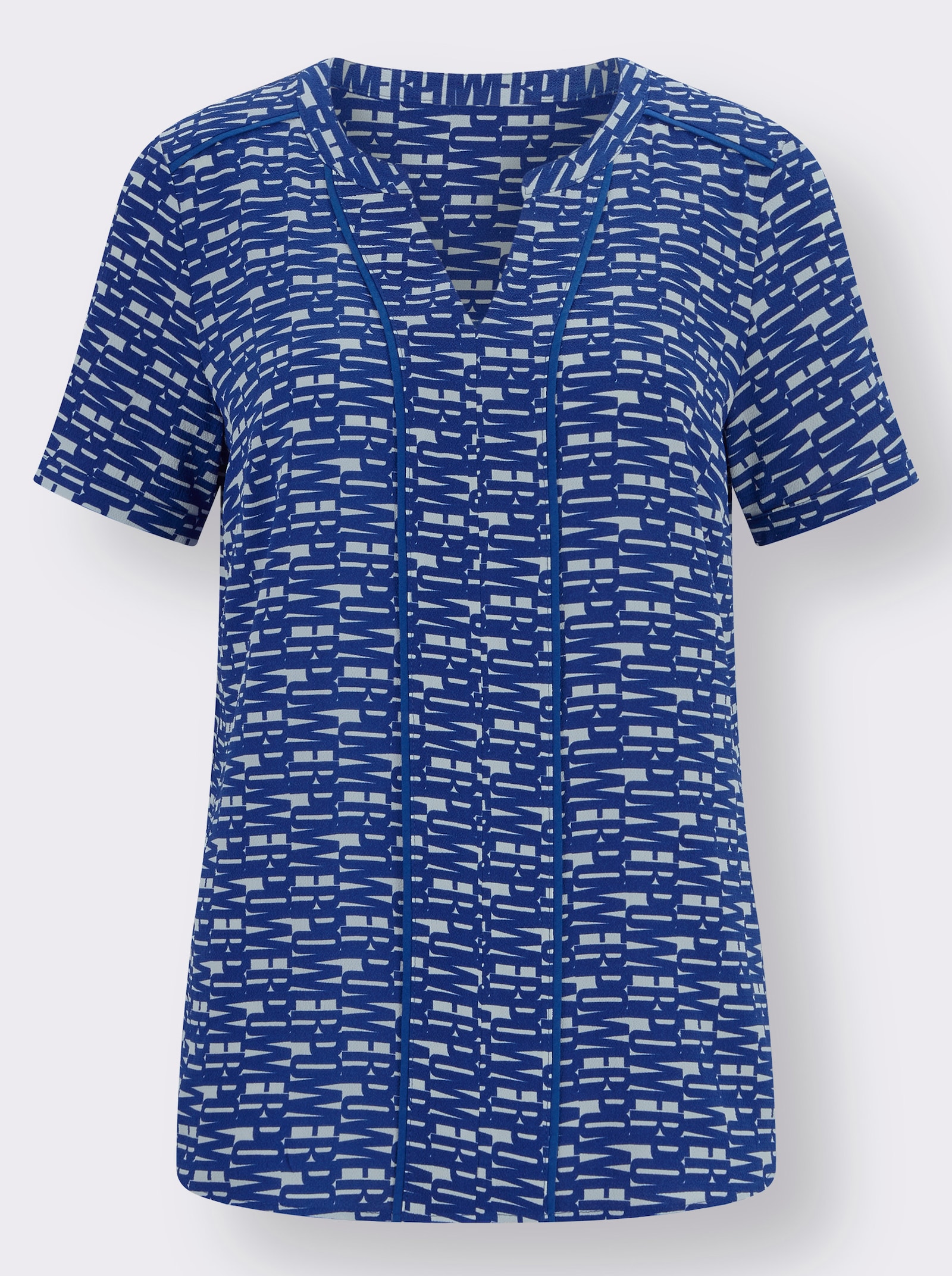 Kurzarmbluse mit Lettering-Print - royalblau-weiß-bedruckt