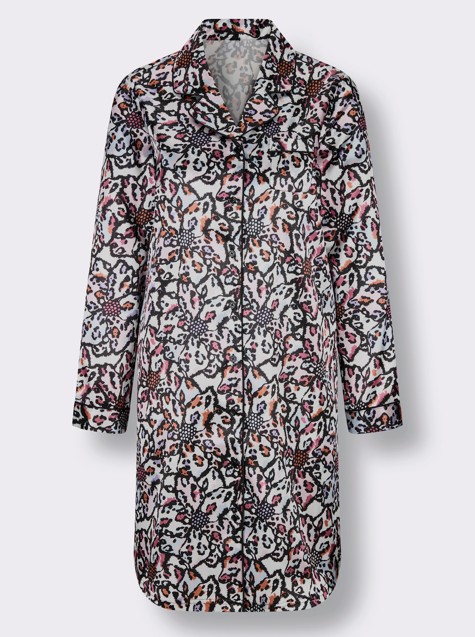 wäschepur Langarm-Sleepshirt mit durchgehender Knopfleiste - schwarz-fuchsia-bedruckt