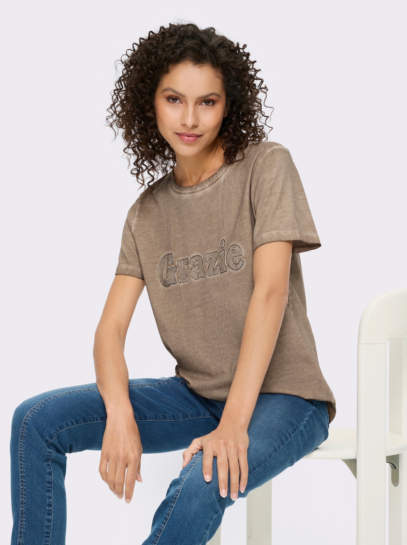 heine Kurzarmshirt mit Schriftzug - taupe