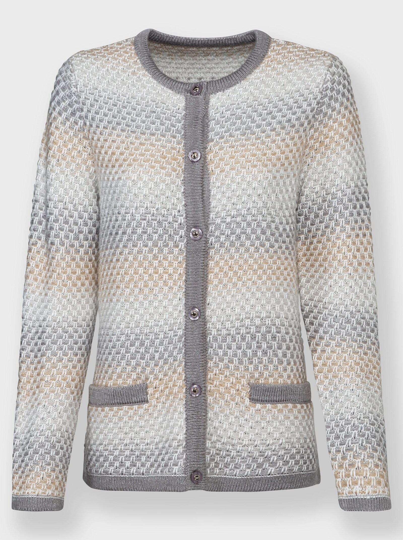 Jacquardstrickjacke mit Glanzgarn - hellgrau-beige-gemustert