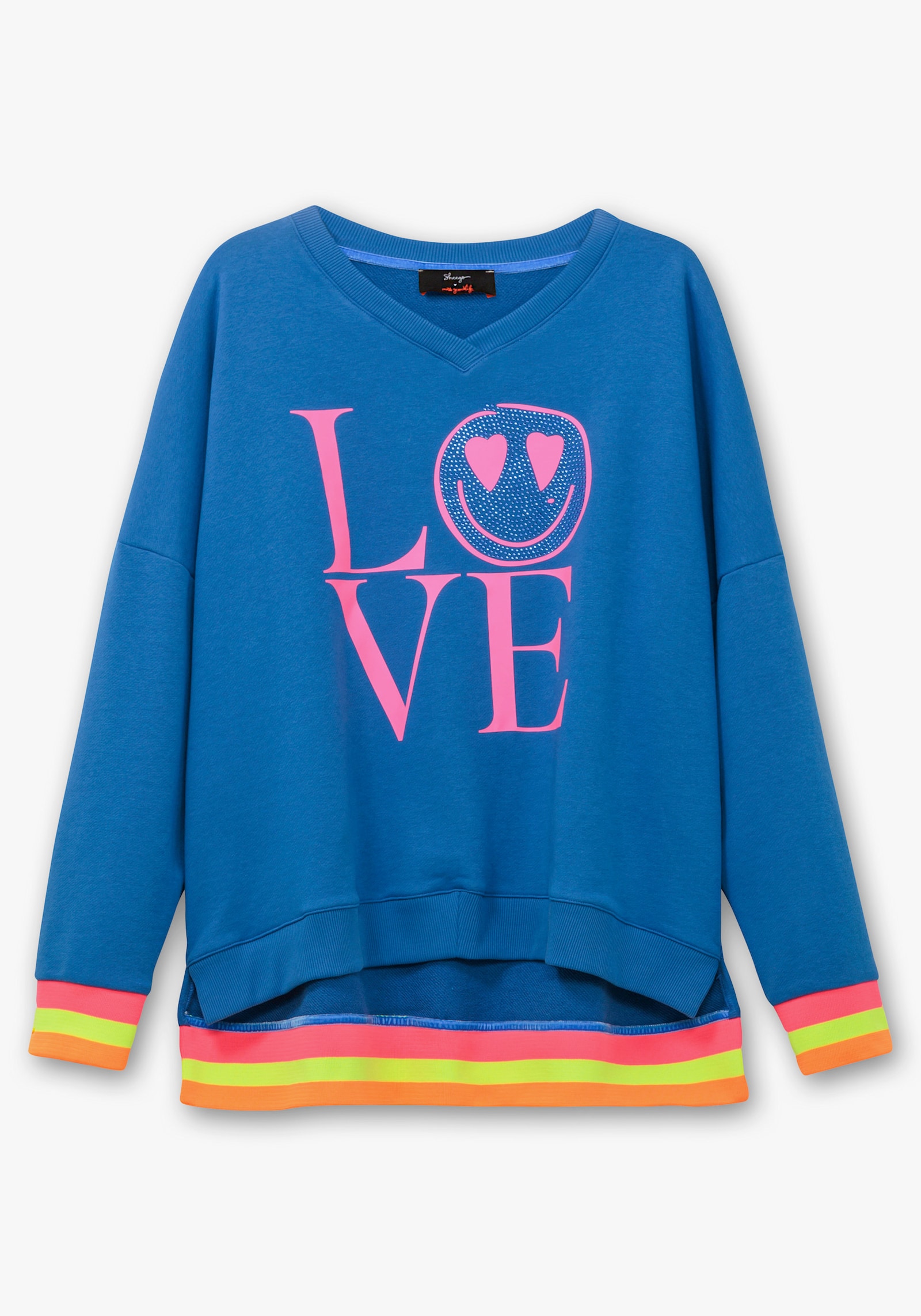 sheego loves miss goodlife Sweatshirt mit Frontdruck und Ringelbündchen - blau bedruckt