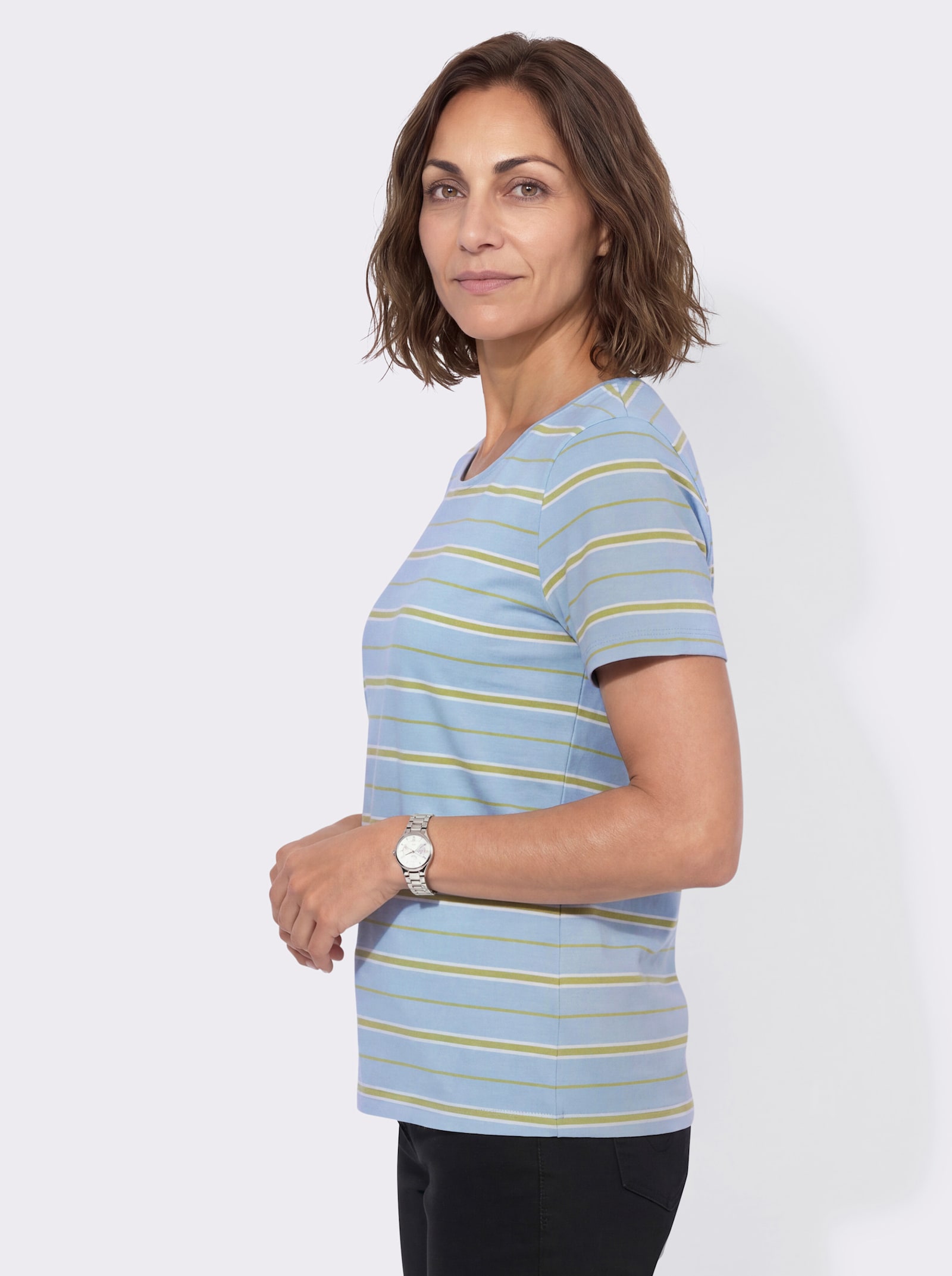 Ringelshirt mit Rundhals-Ausschnitt - hellblau-lindgrün-geringelt