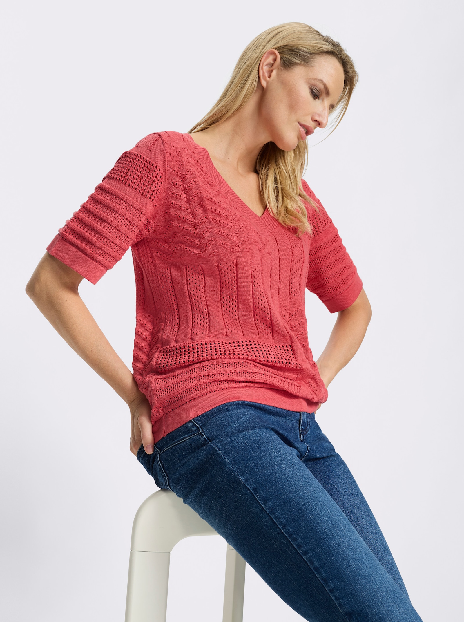 heine Kurzarmpullover mit Ajour-Strick - grapefruit