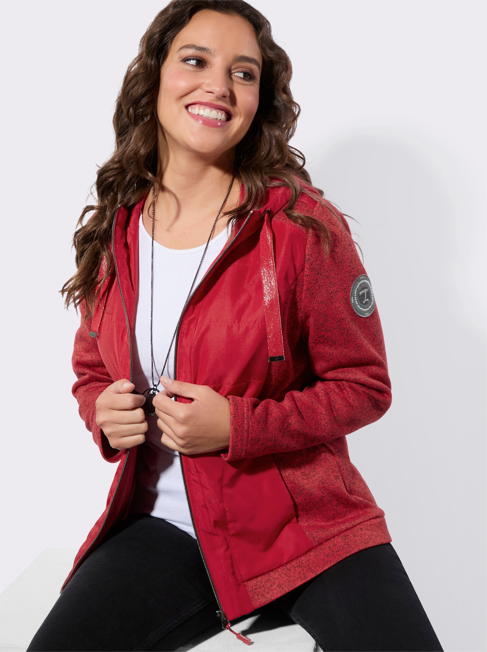 Shirtjacke mit weitenregulierbarer Kapuze - erdbeere-meliert