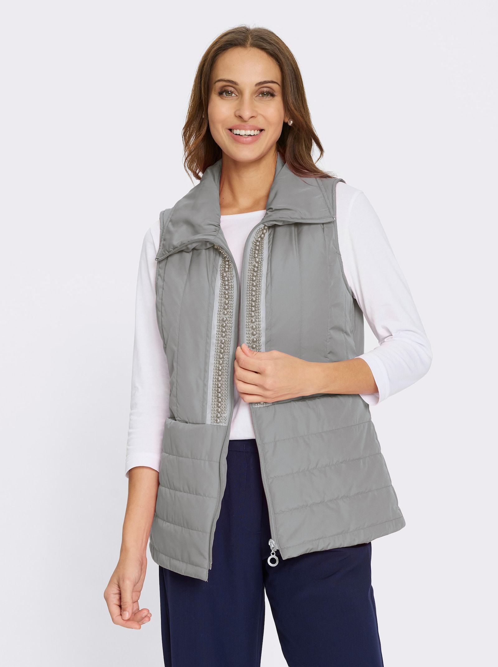 Steppweste mit Zierperlen am Reißverschluss - steingrau