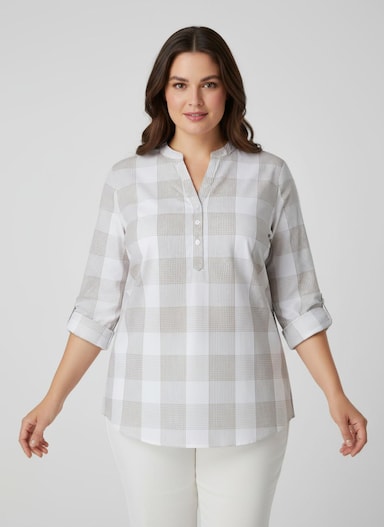 Baumwollbluse mit Stehkragen, kariert - taupe-weiß-kariert